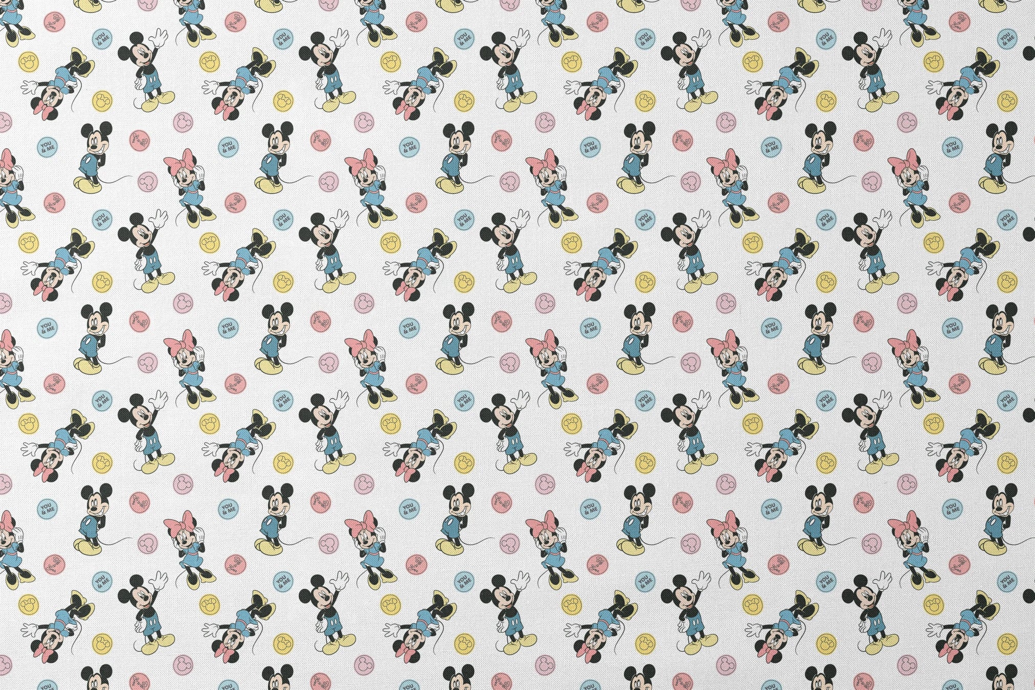 Mickey Mouse and Minnie Mouse cartoon pattern with colorful circles containing phrases on white background. designs flat mockup