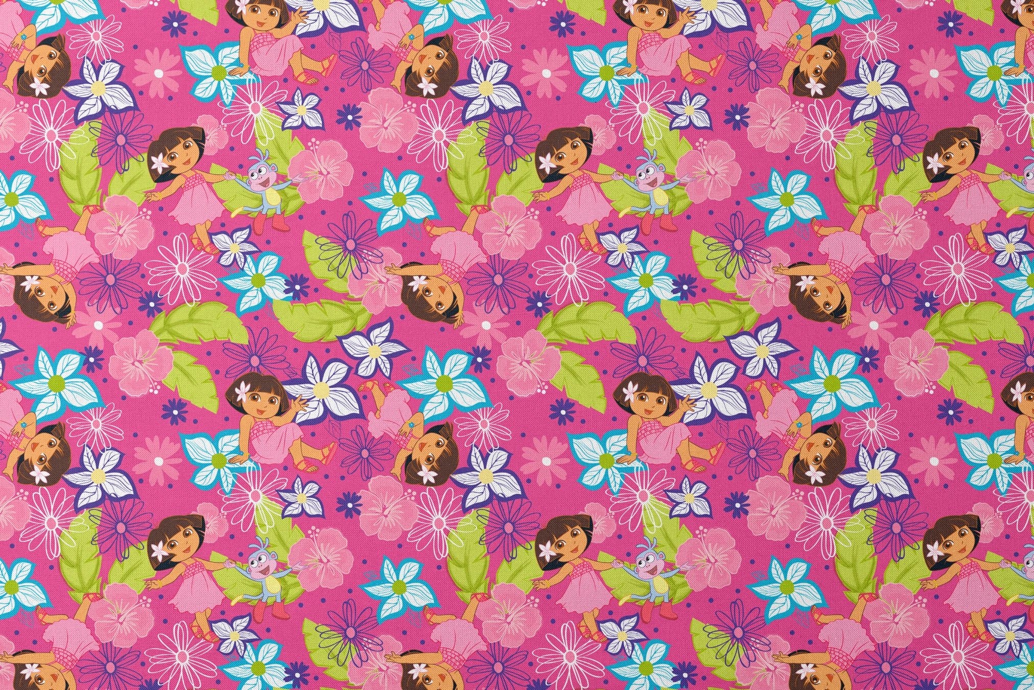 Colorful cartoon pattern with Dora the Explorer characters among vibrant flowers on pink background designs flat mockup