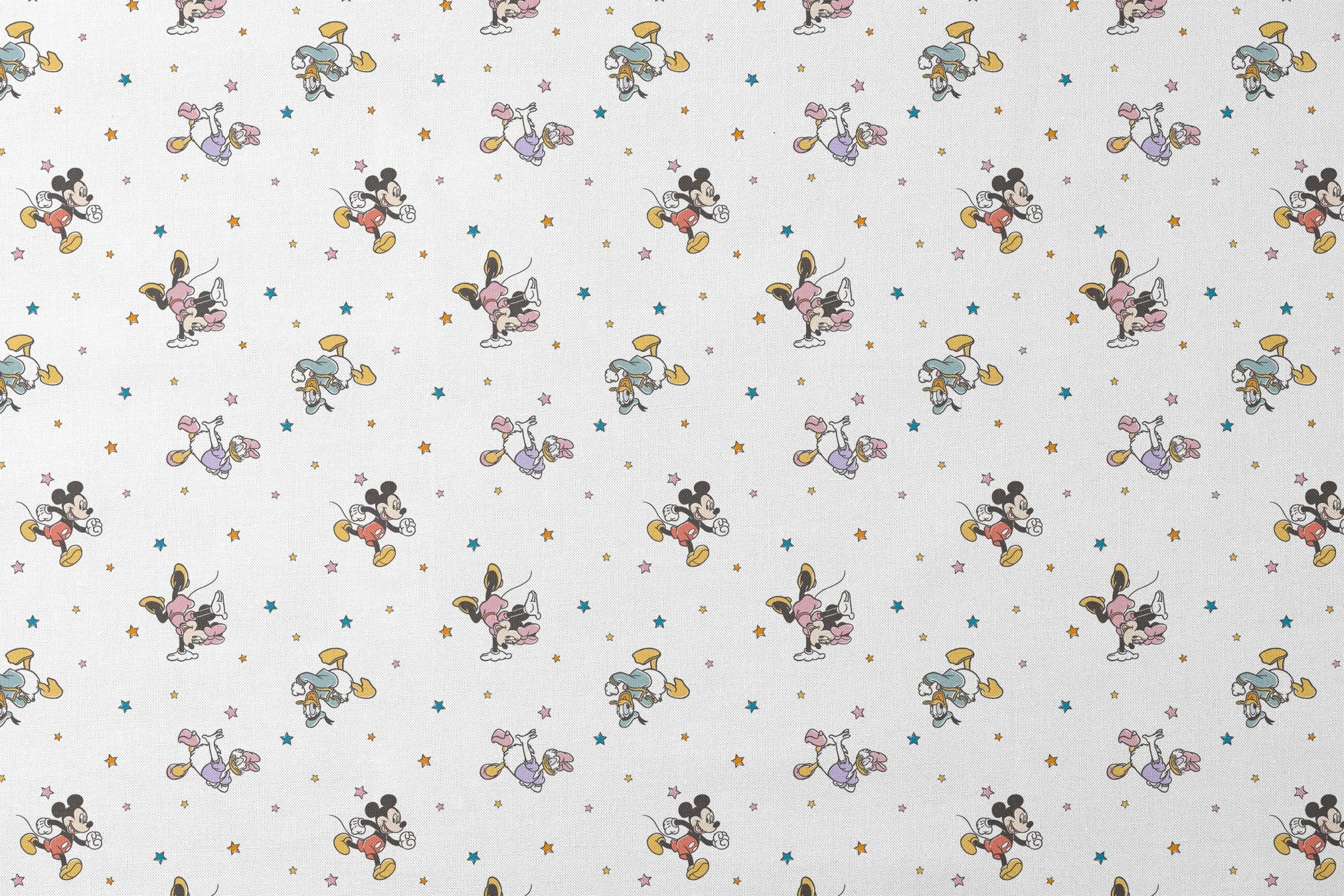Disney characters pattern with Mickey Mouse and unicorns on white background with colorful stars designs flat mockup