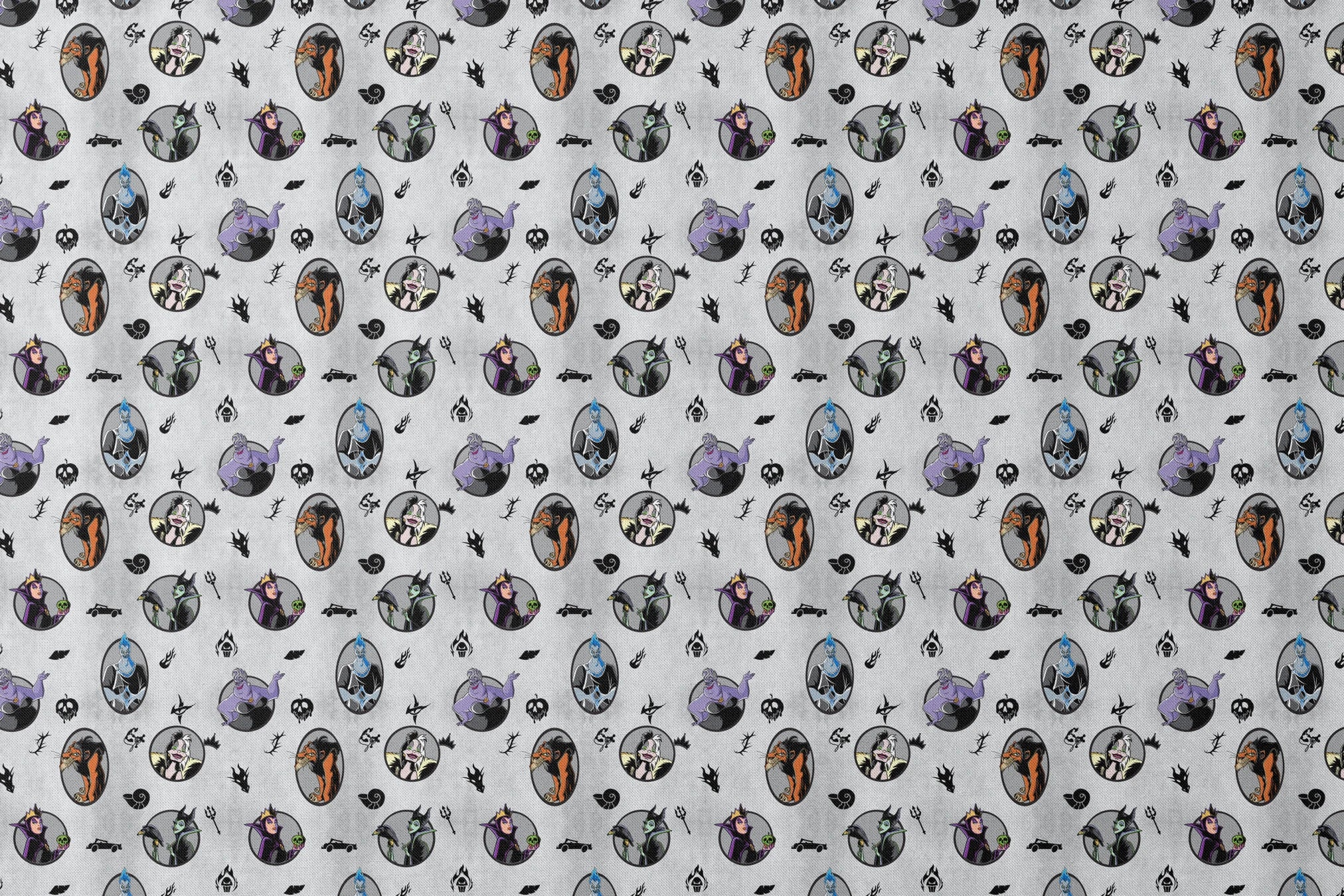 Disney villain characters in circular portraits on a gray background with spooky silhouette symbols designs flat mockup