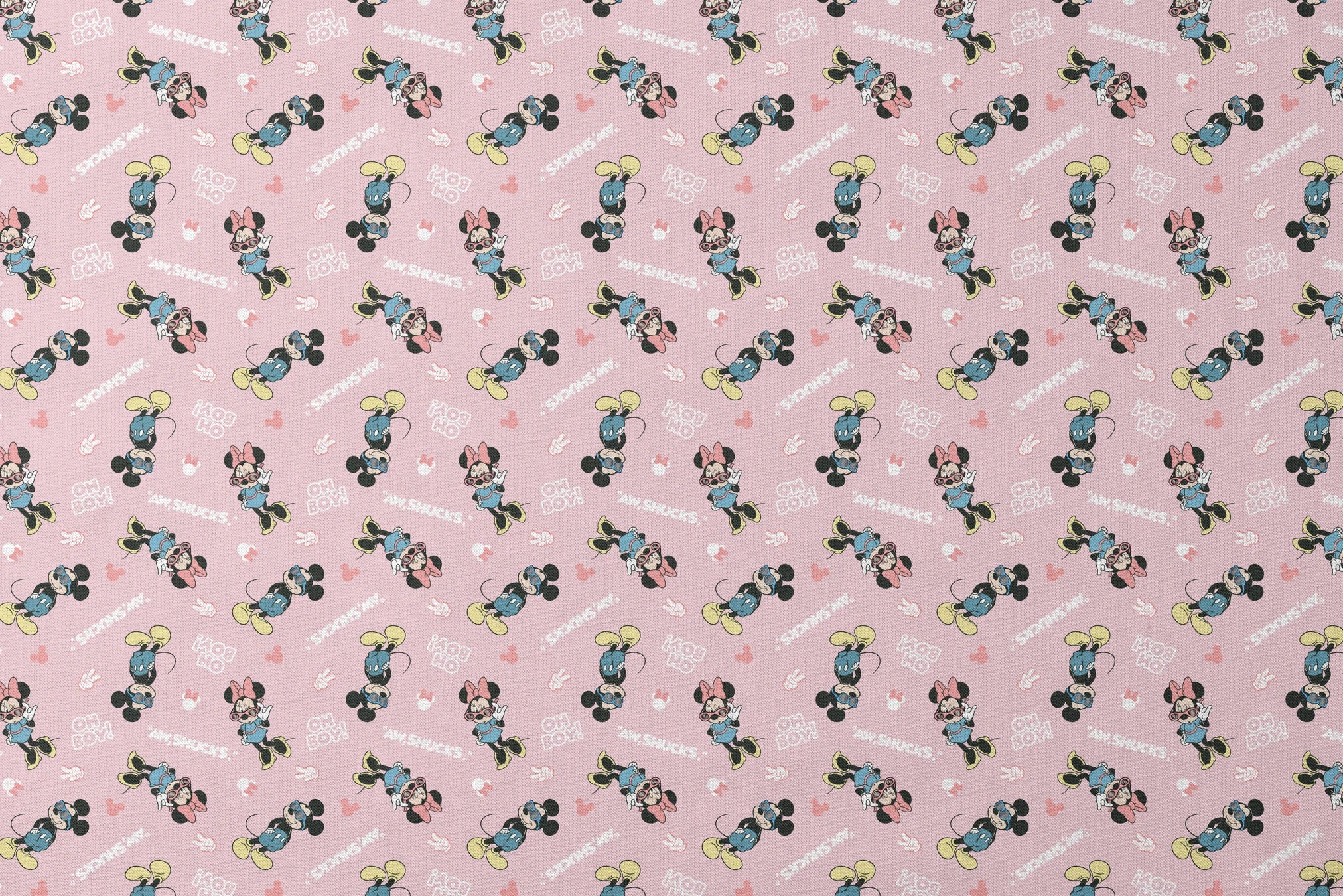 Disney cartoon characters on pink background with expressions "Oh Boy" and "Aw Shucks" in repeating pattern designs flat mockup