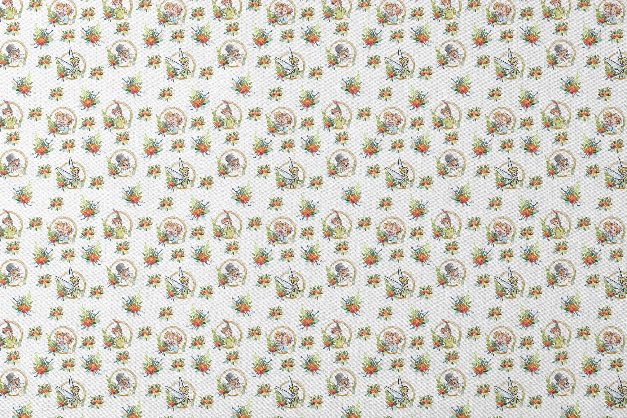 Illustrated pattern featuring cartoon characters in gold circles with colorful floral arrangements designs flat mockup