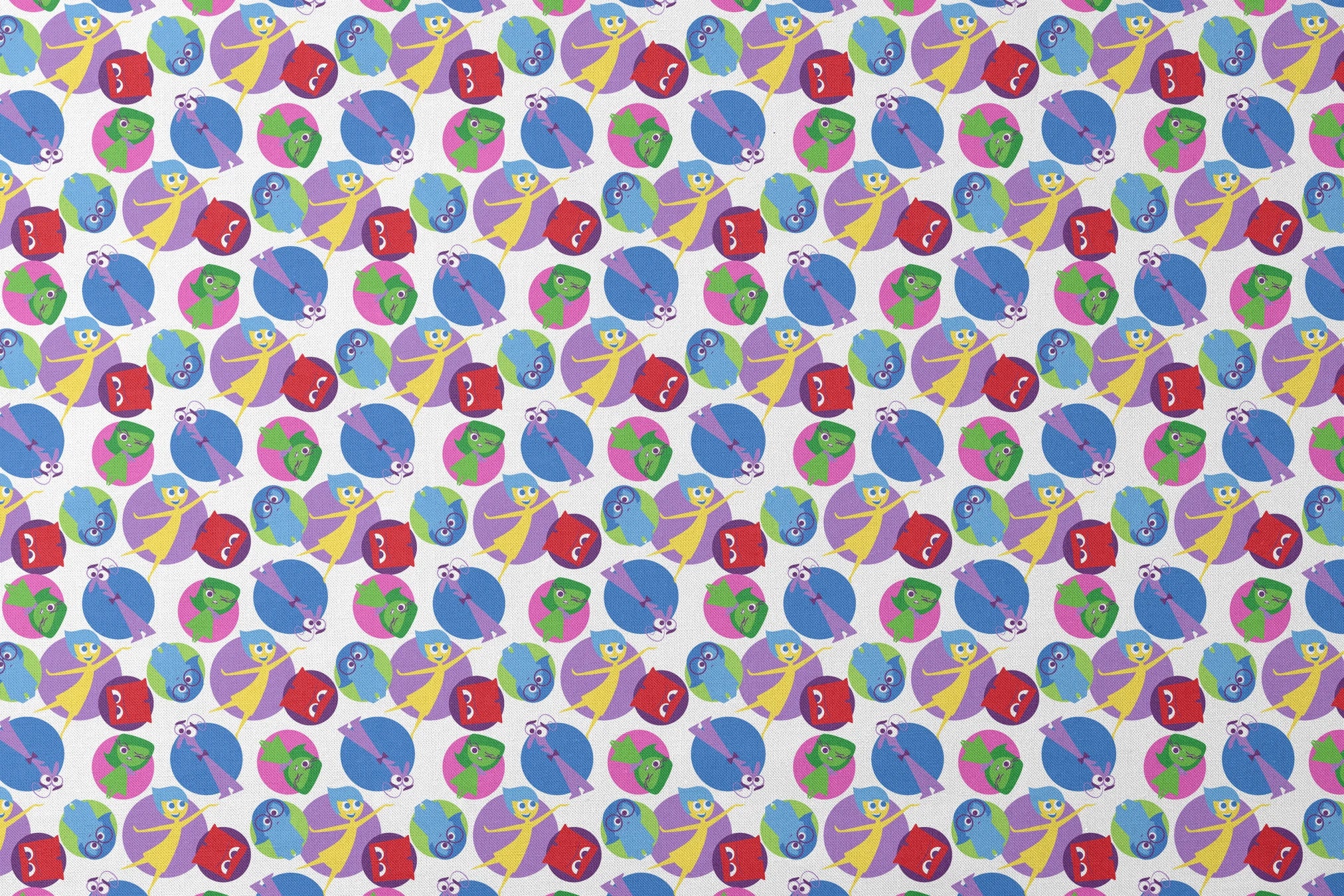 Colorful pattern of Inside Out characters with expressive eyes in overlapping purple, blue, red, and green circles designs flat mockup