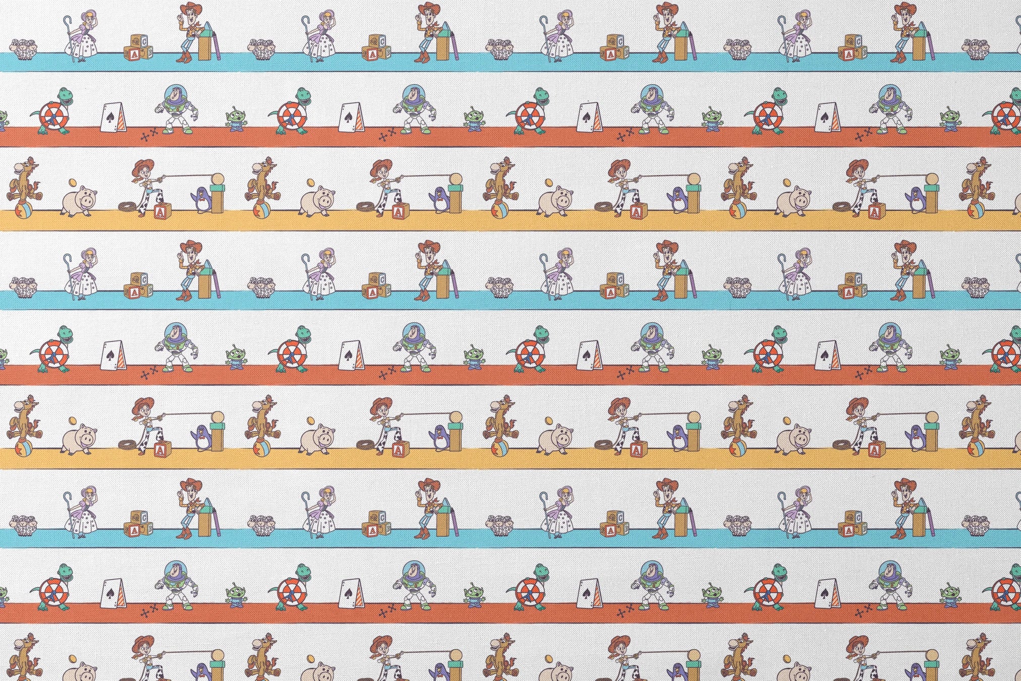 Cartoon illustration of three rows showing different Toy Story characters in action - Woody, Buzzlightyear, Jessie, & more! designs flat mockup