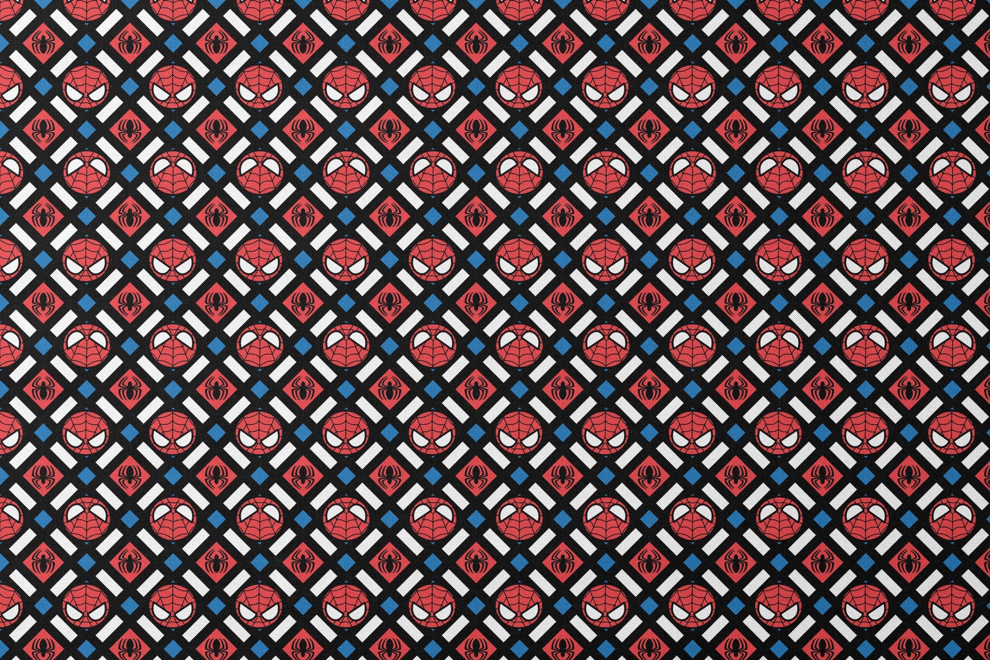 Spider-Man pattern with red masks, spider symbols, webs on black background with white X shapes and blue diamonds designs flat mockup