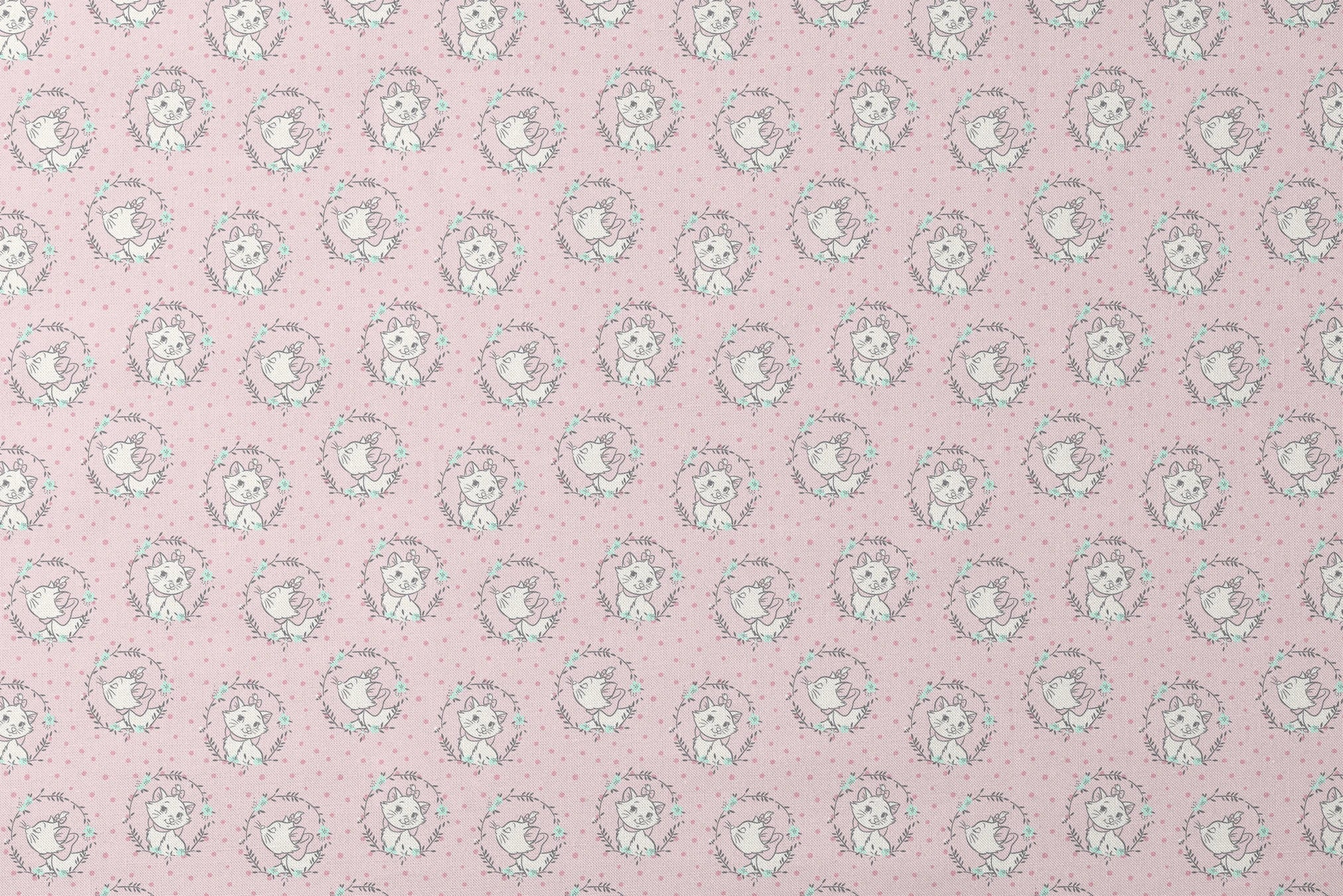 White cartoon cats in floral wreaths on pink polka dot background, seamless pattern designs flat mockup