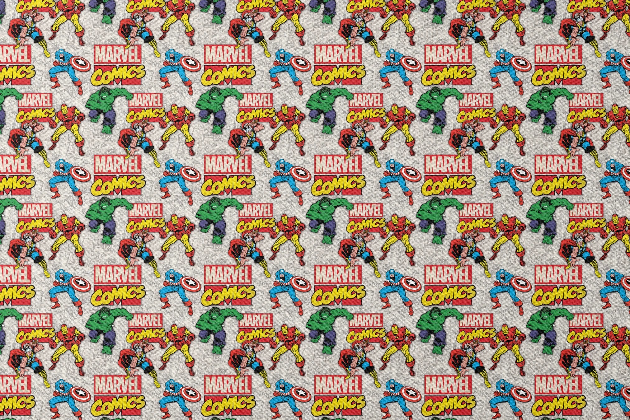 Marvel Comics collage pattern featuring iconic superheroes in action poses against comic book page background designs flat mockup