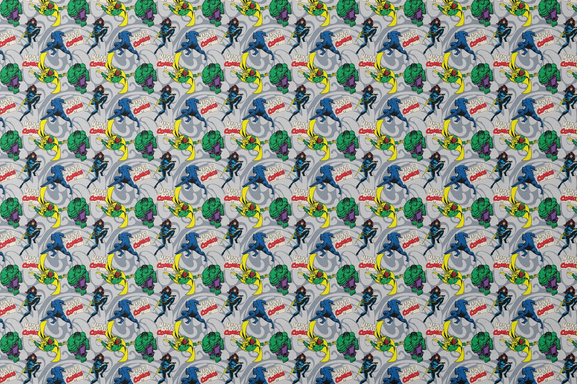 Marvel Comics characters including Hulk, Vision, and other superheroes on a gray background with Marvel Comics logos designs flat mockup