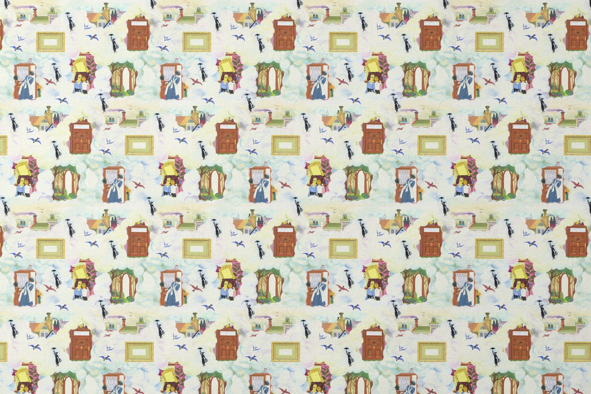 Whimsical pattern with colorful illustrated doorways, frames, and Mary Poppins with umbrellas on a pale blue background designs flat mockup