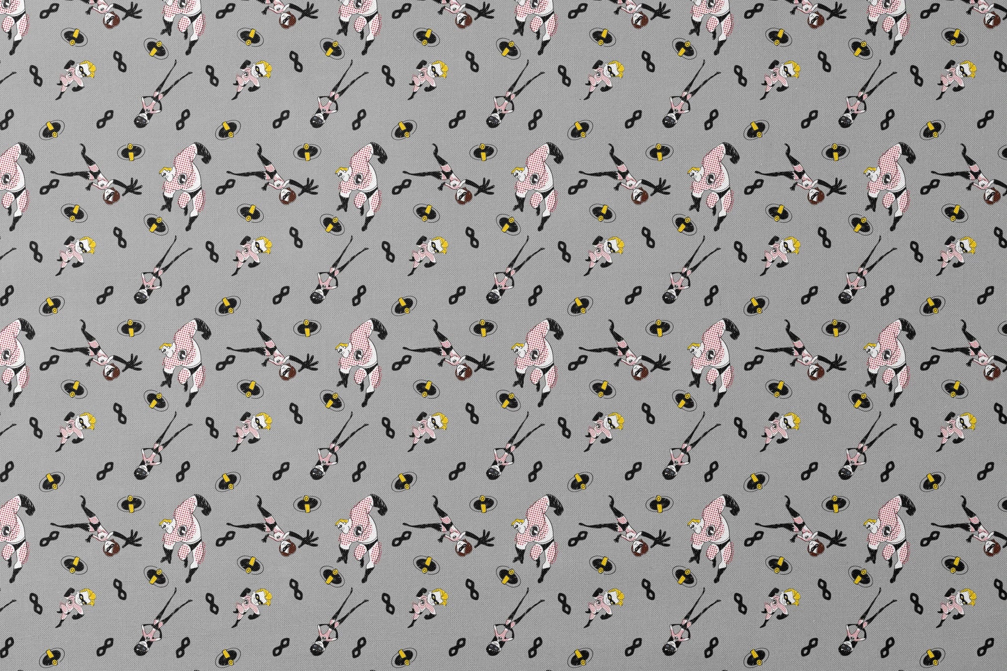 The Incredibles in black and white suits with yellow emblems scattered on gray background with masks designs flat mockup