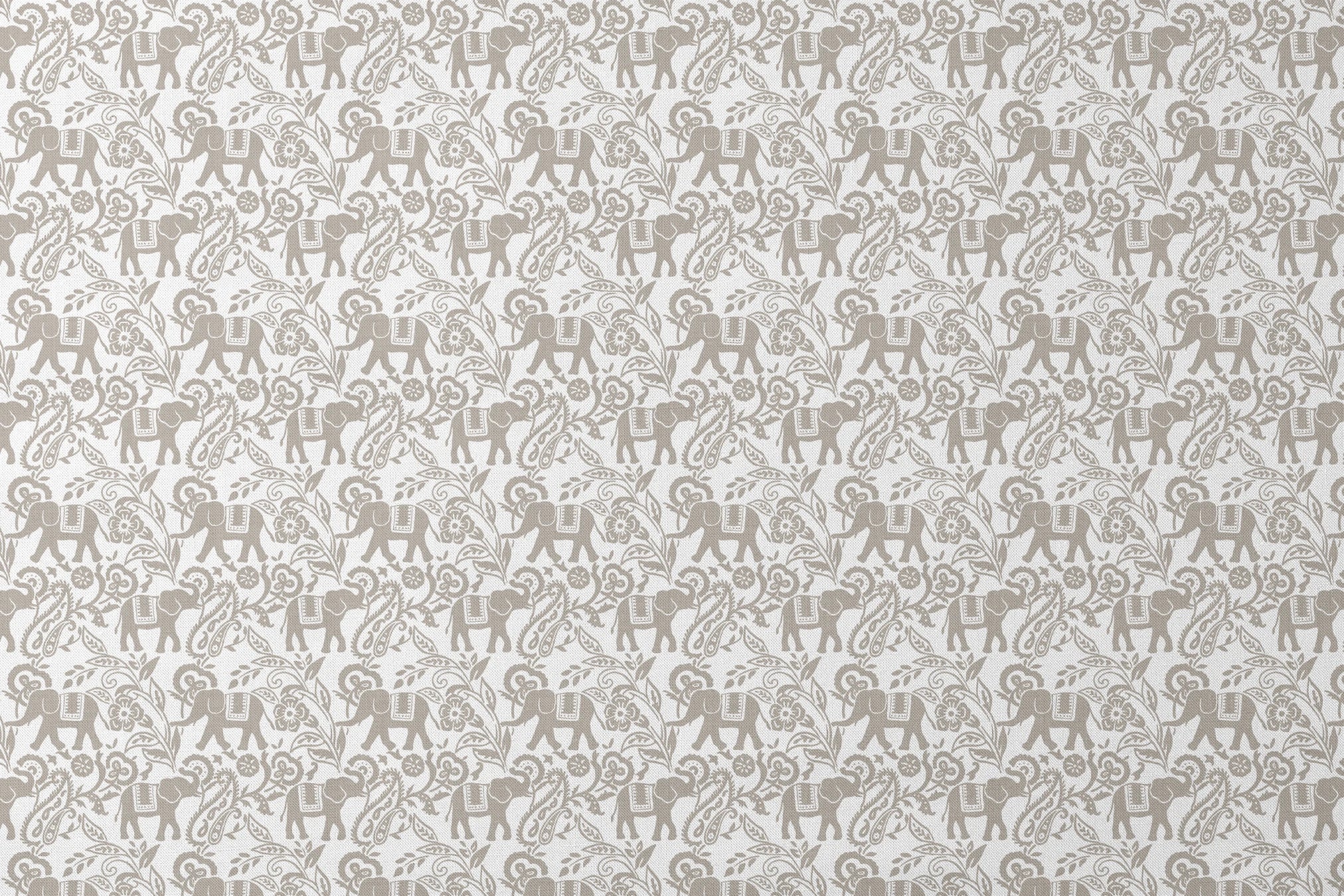 Gray elephants with decorative blankets amid swirling floral and paisley patterns on white background designs flat mockup