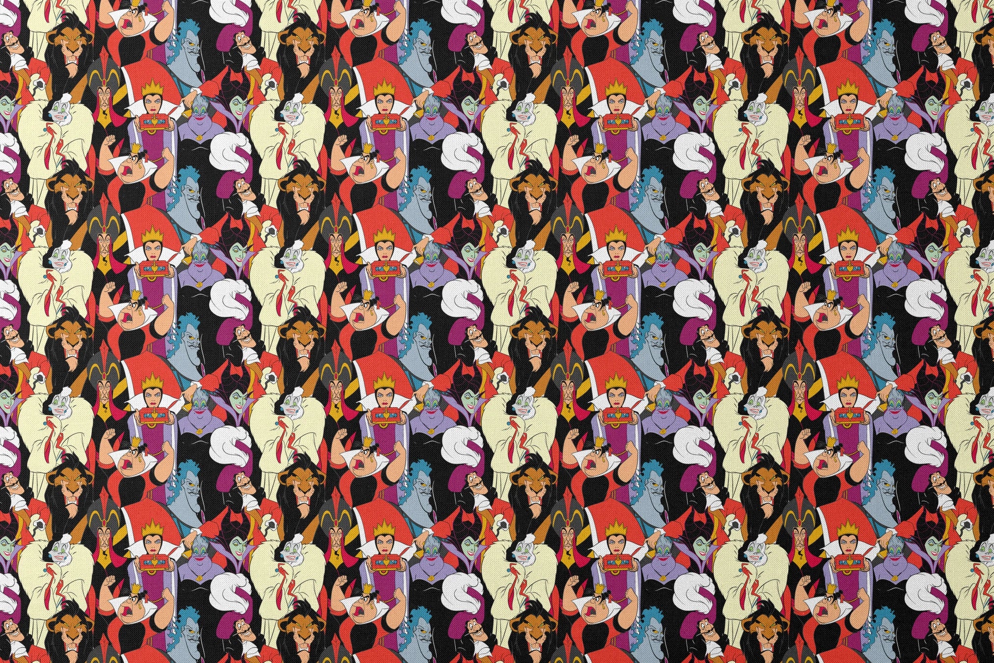 Disney villains collage featuring colorful animated characters with distinct evil expressions and iconic costumes. designs flat mockup