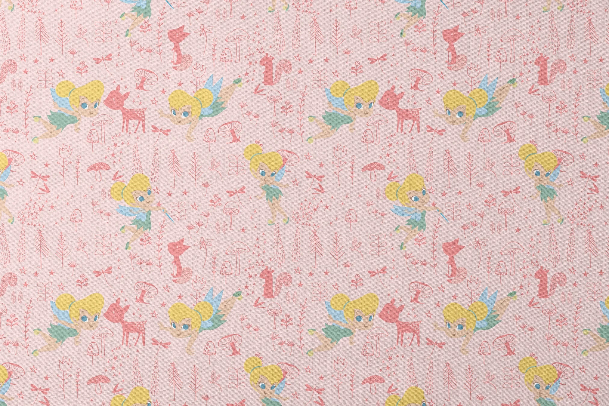Pink whimsical pattern with cartoon fairy characters, forest animals, mushrooms, and plants in pastel colors designs flat mockup