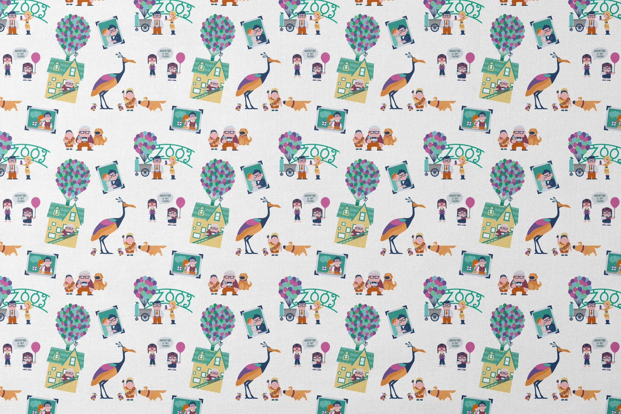 Colorful illustrated Up-inspired zoo pattern with cartoon characters, houses with balloons, peacocks, and family portraits on white background. designs flat mockup