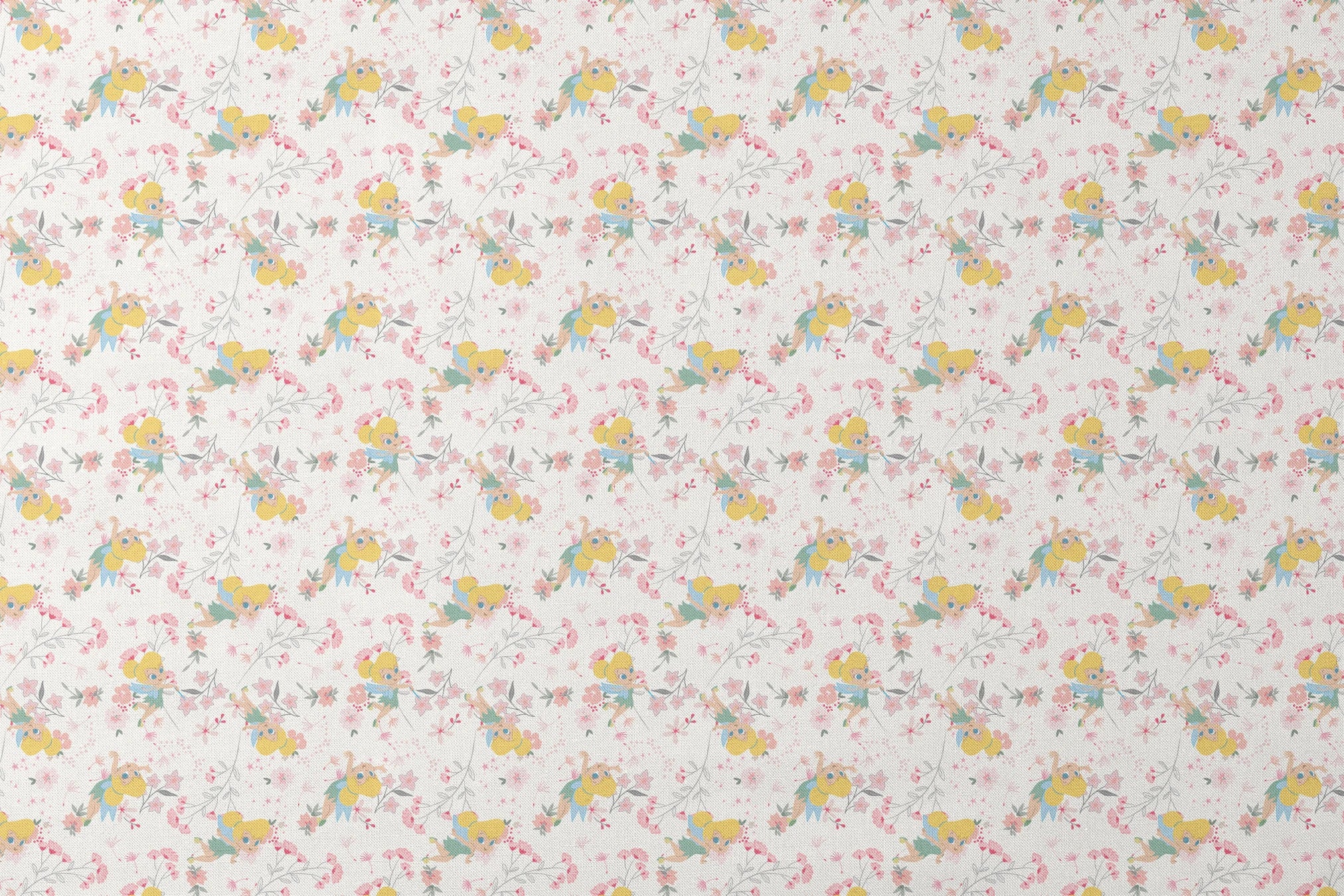 Whimsical pattern with Tinker Bell among pink flowers and green leaves on white background designs flat mockup