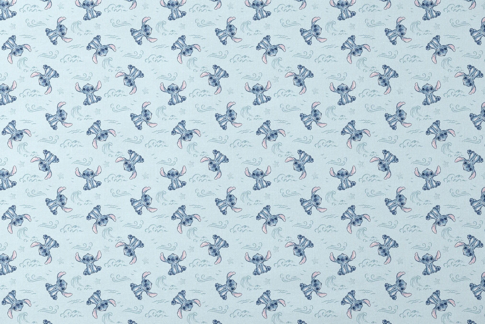 Blue cartoon alien characters with large ears in playful poses against light blue background with swirls and stars pattern designs flat mockup