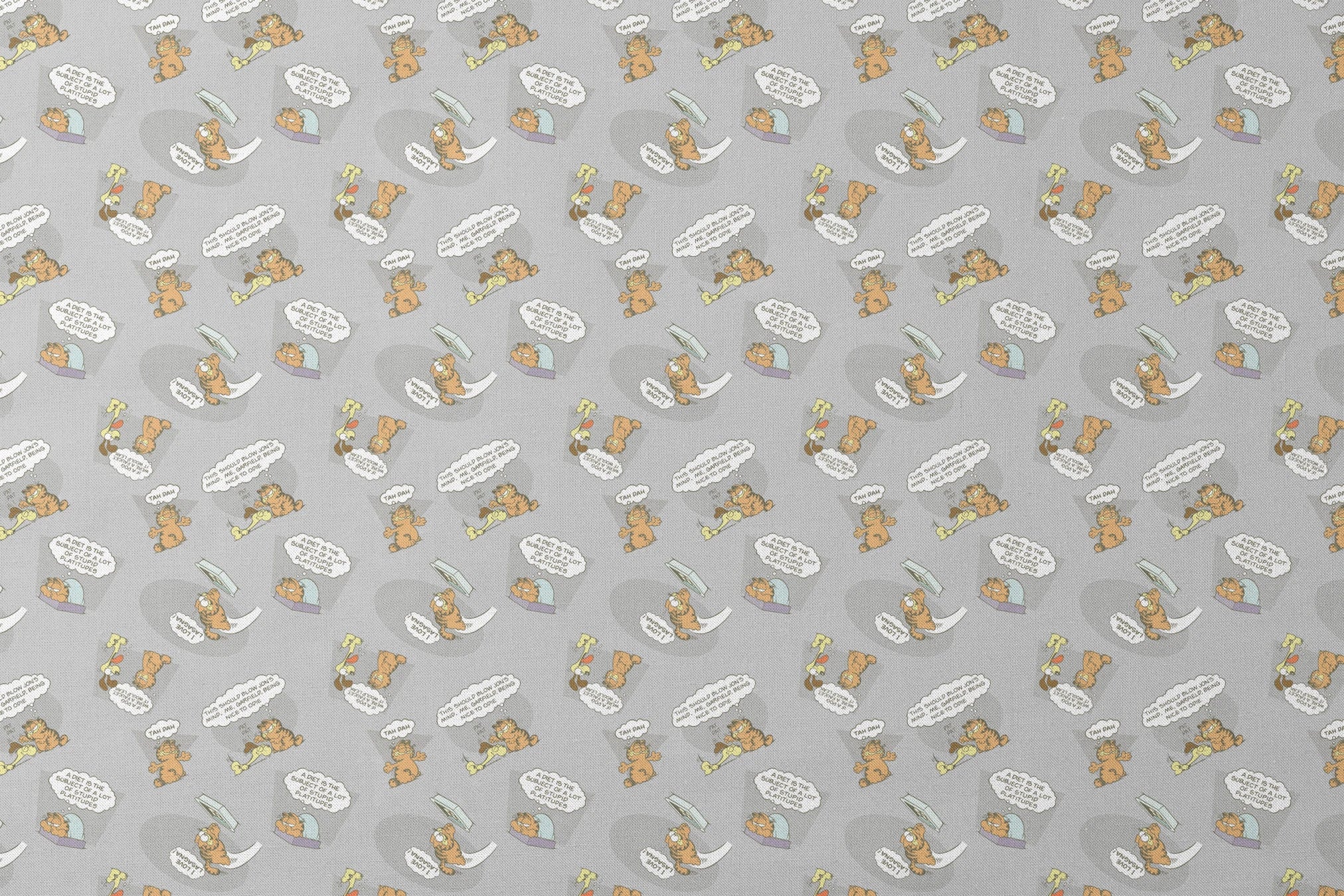 Cartoon Garfield pattern with various poses of the orange cat and speech bubbles on gray background designs flat mockup