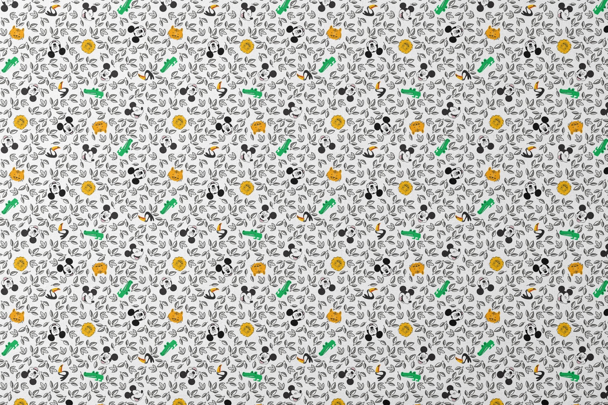 Pattern of cartoon Mickey Mouse silhouettes with yellow honeycomb, green bamboo, and black and white leaves designs flat mockup