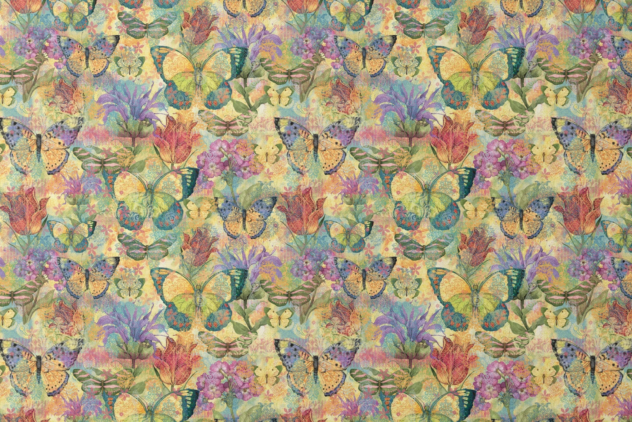 Colorful pattern of butterflies and flowers in vibrant yellows, purples, and reds with watercolor texture designs flat mockup