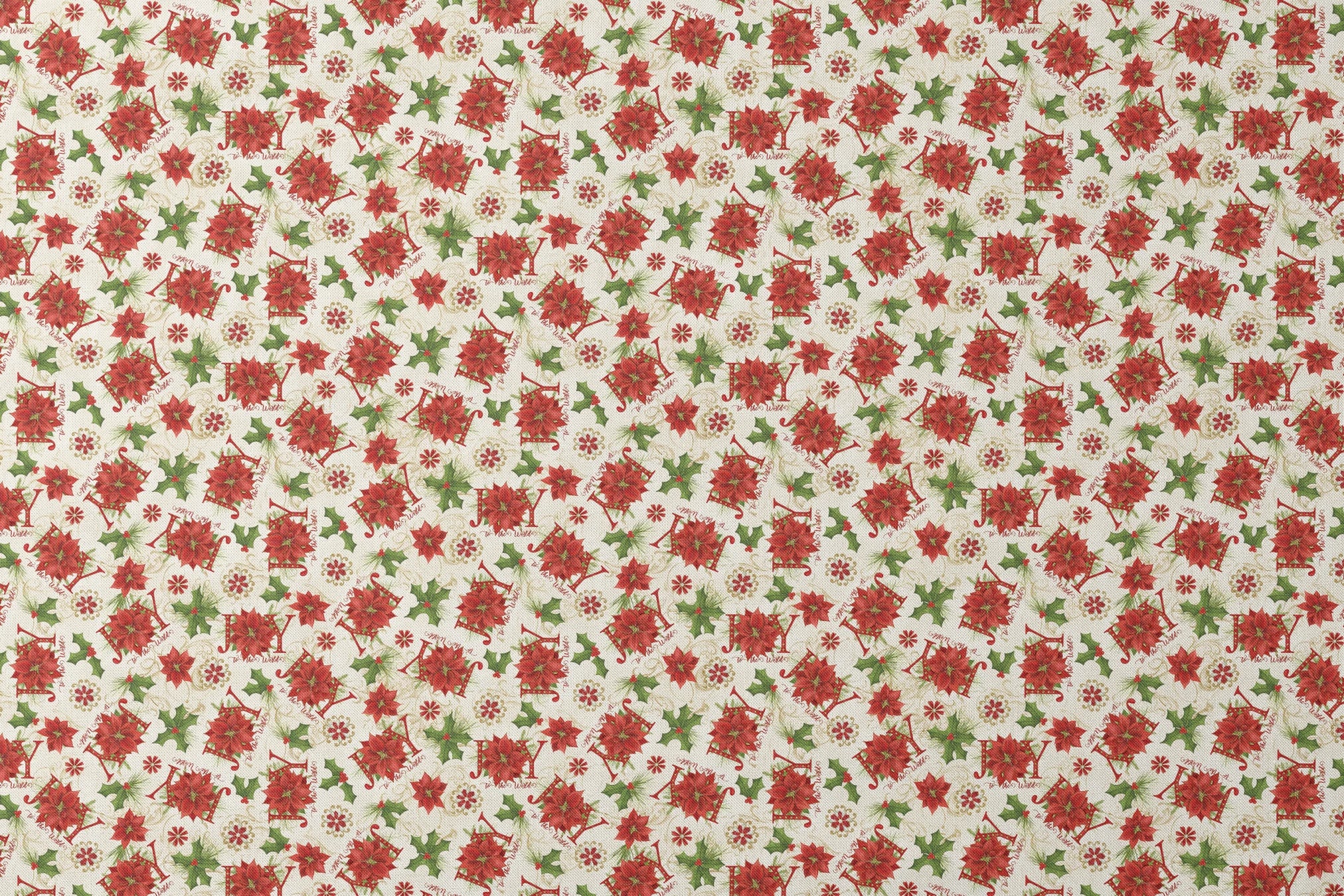Red poinsettias, holly leaves, pine sprigs, and peppermint candy motifs with scattered “Joy” text in a festive holiday toss design by Nicole Tamarin. designs flat mockup