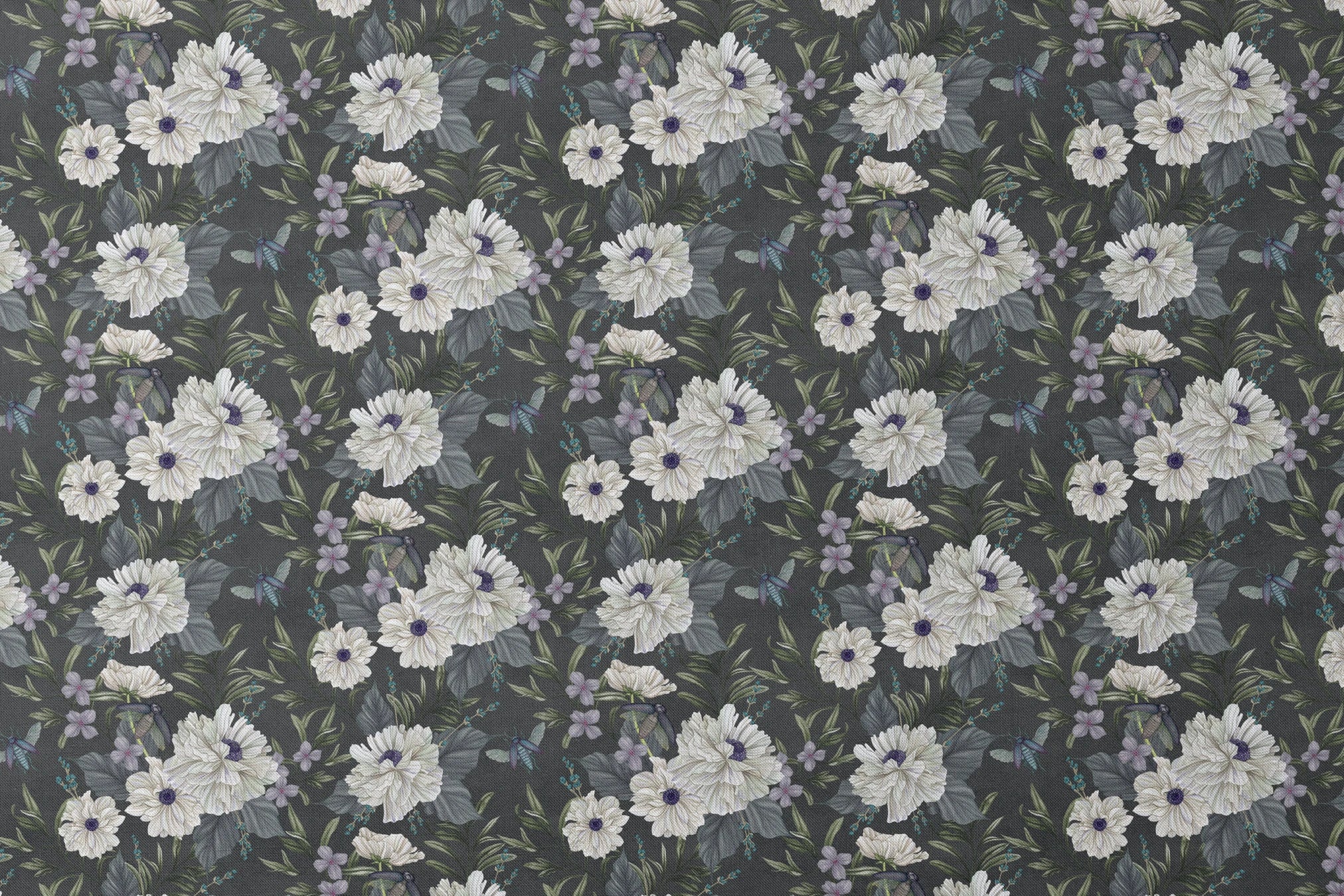 Ivory flowers with purple centers, beetles, and greenery illustrated on a dark charcoal background in a floral pattern by Nicole Tamarin. designs flat mockup