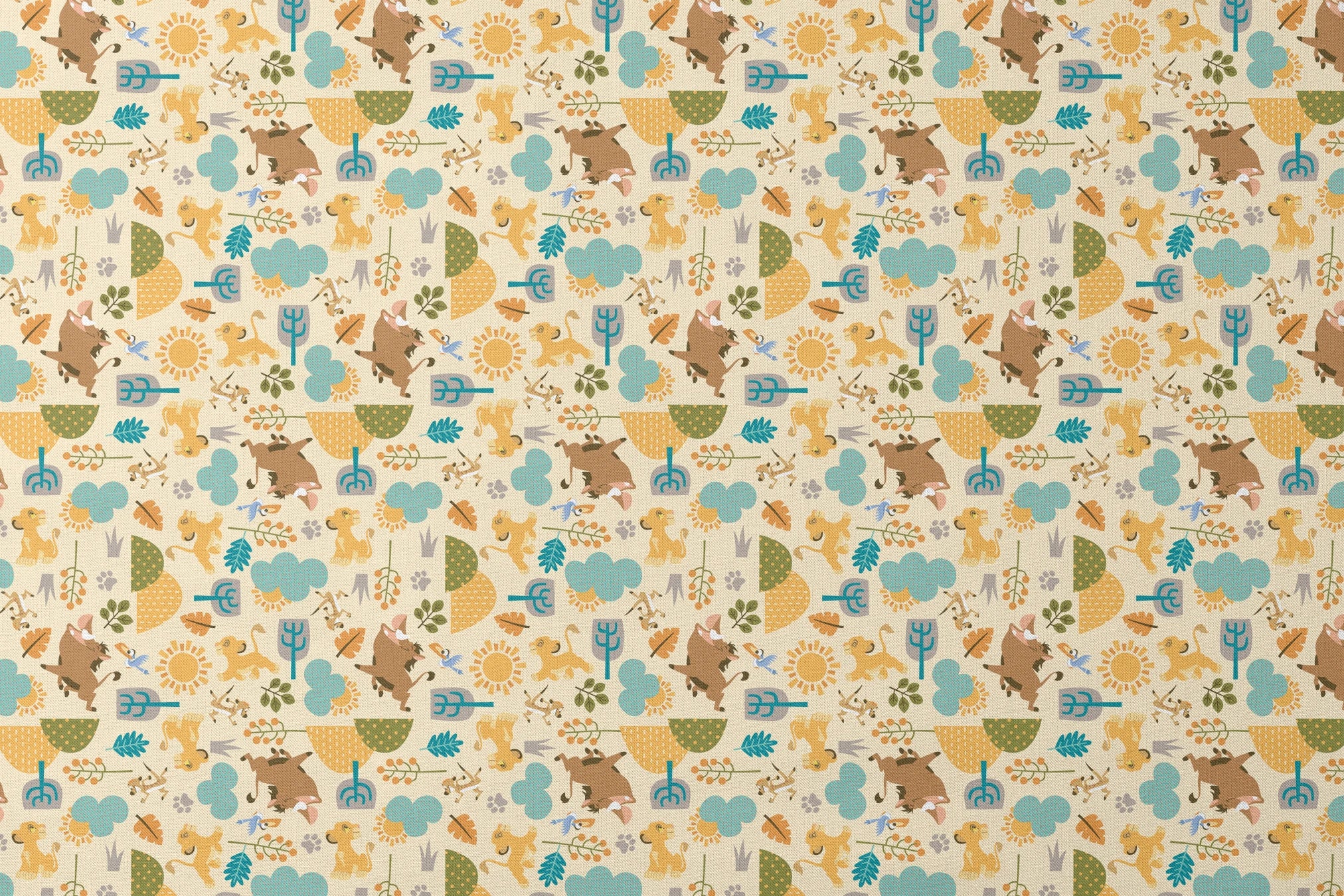 Playful Lion King pattern with brown bears, yellow puppies, blue clouds, stylized trees, and sun motifs on cream background designs flat mockup