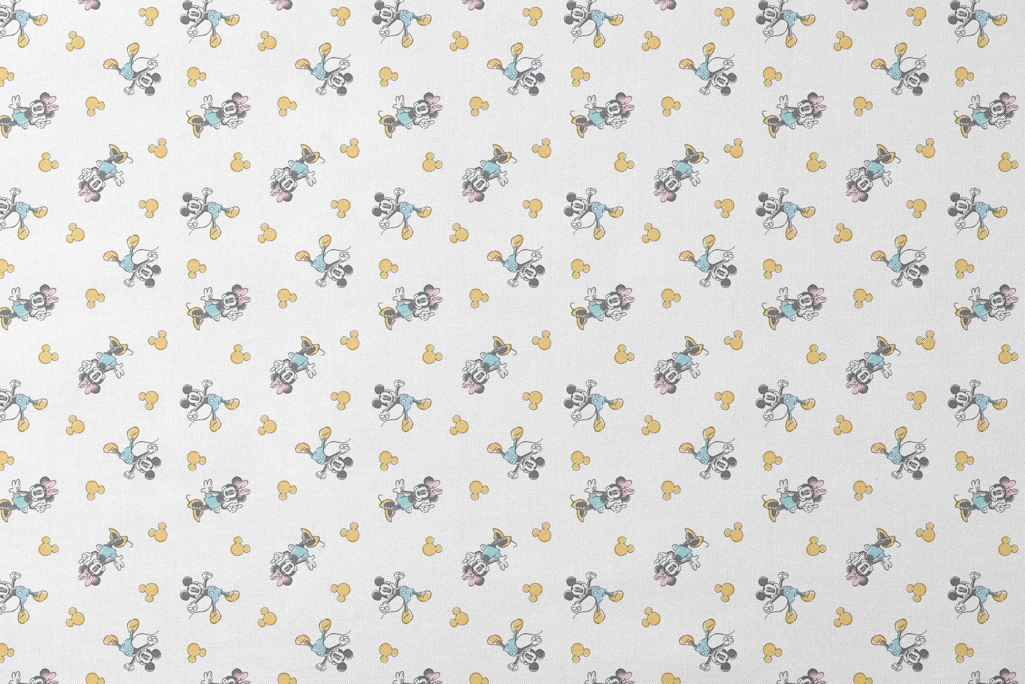 Mickey Mouse characters in light blue outfits scattered on white background with yellow Mickey silhouettes designs flat mockup