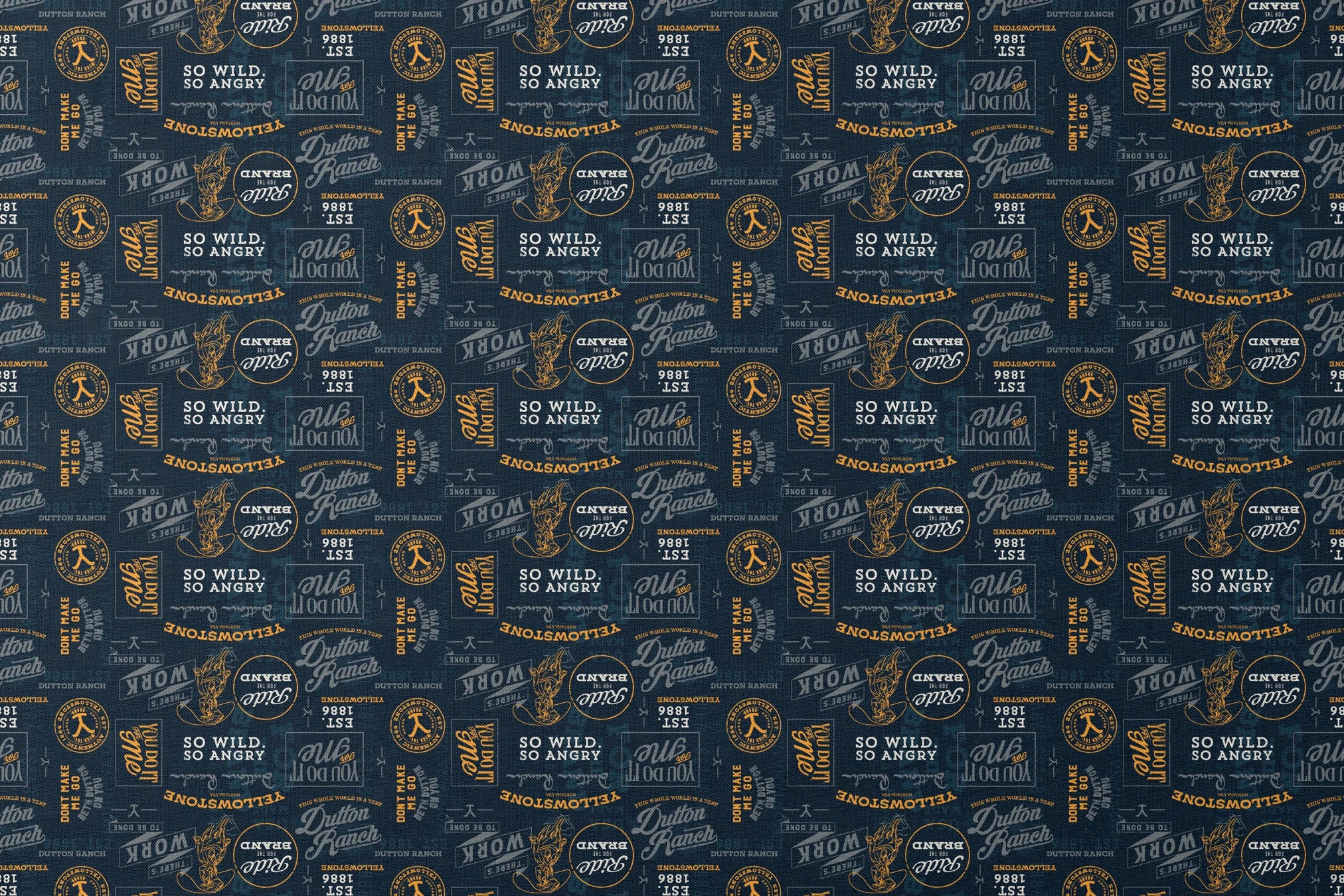 Yellowstone patch design with distressed western typography and quotes in gold and ivory on a black background. designs flat mockup