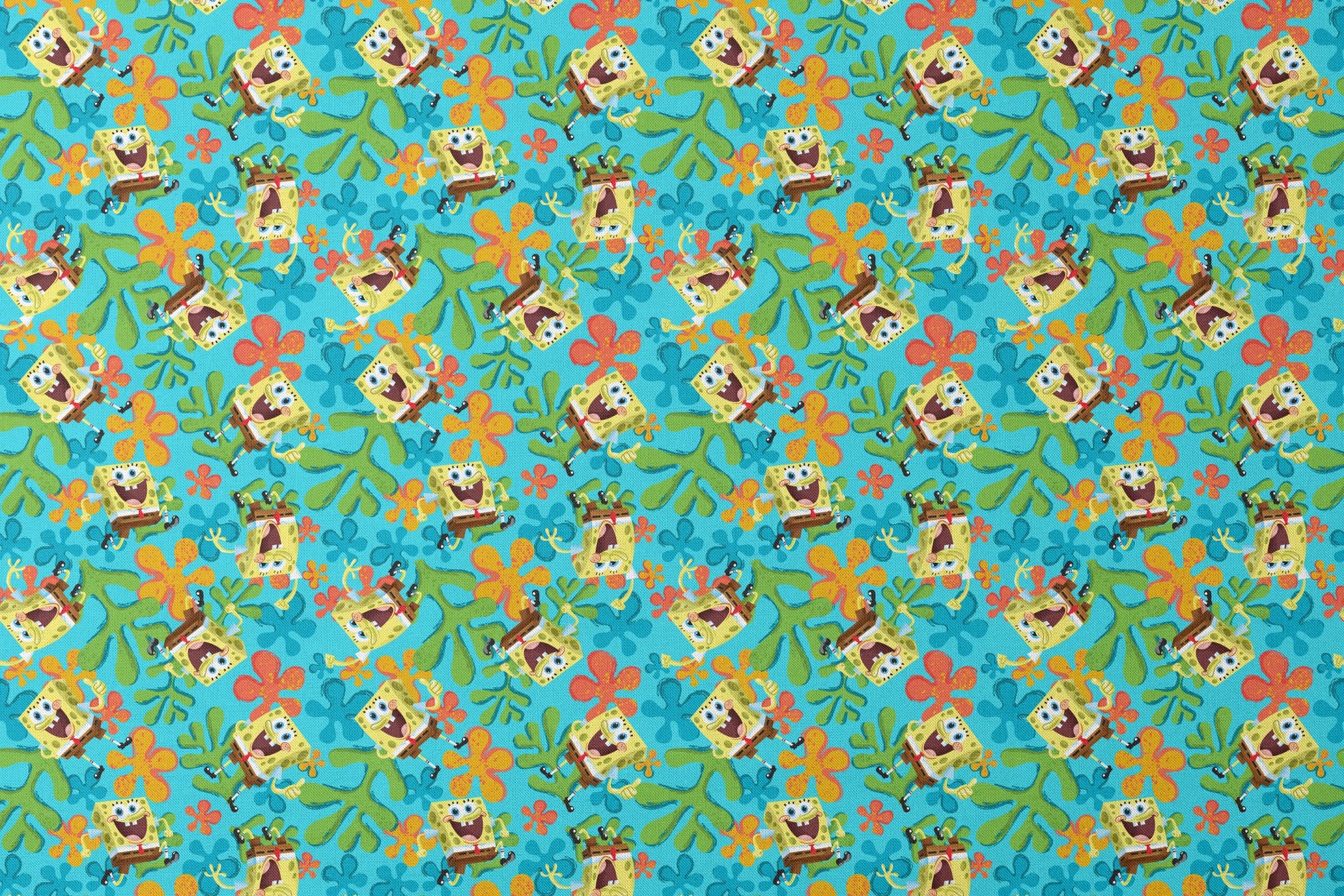 SpongeBob SquarePants pattern with colorful orange and blue flowers on turquoise background designs flat mockup