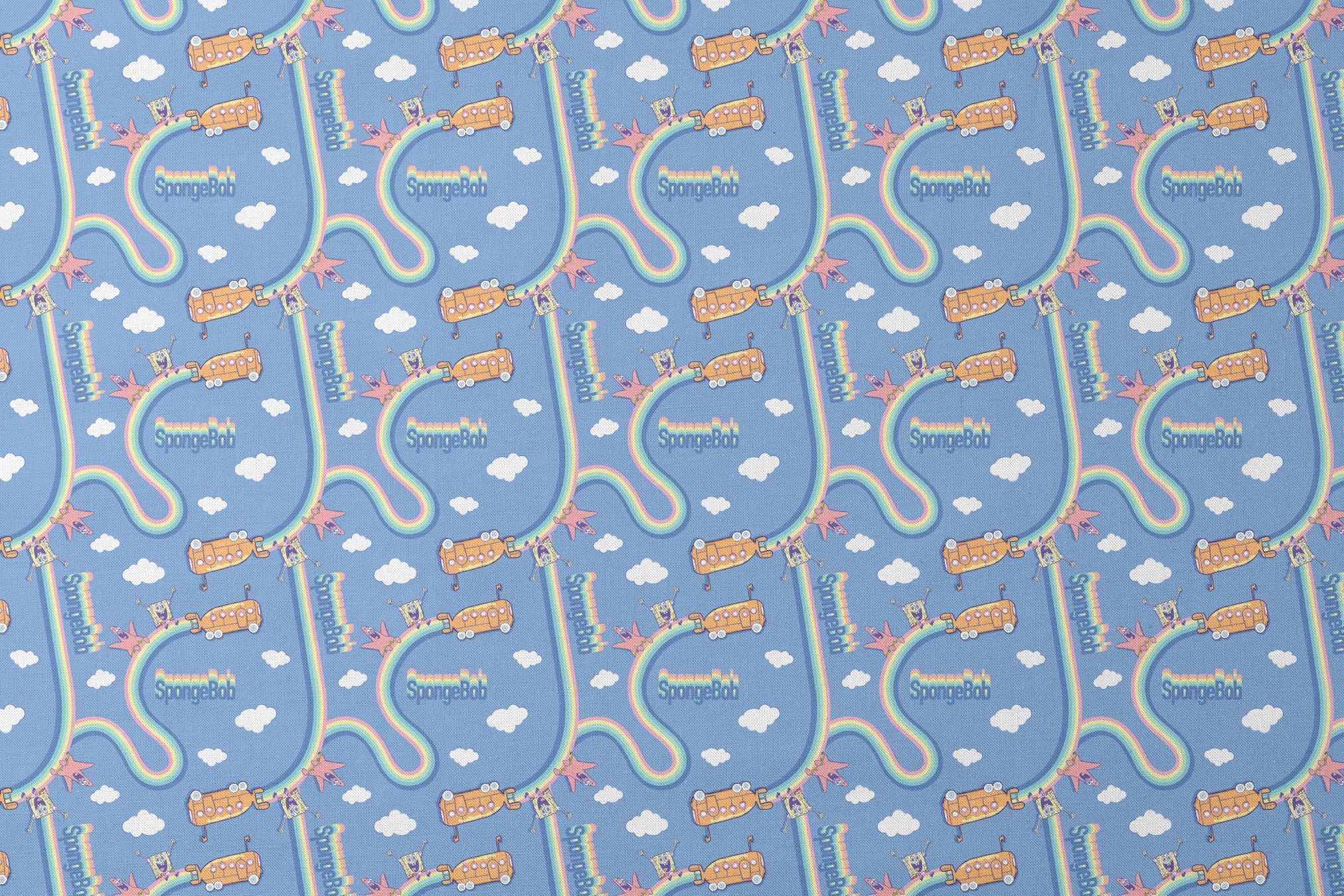 SpongeBob pattern with cartoon characters, buses, rainbows and clouds on light blue background designs flat mockup