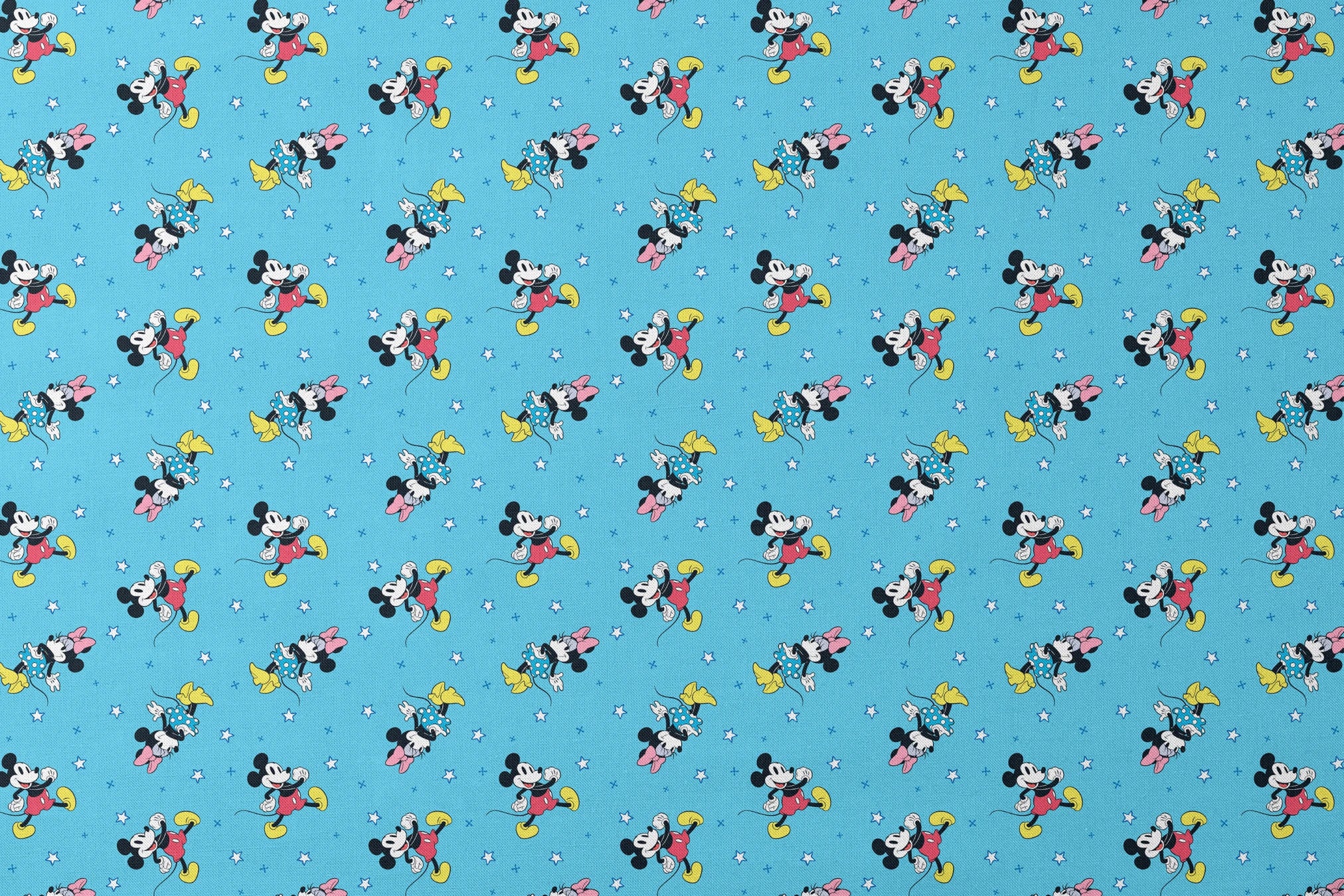 Disney Mickey Mouse and Minnie Mouse characters on light blue background with white stars, pattern design designs flat mockup