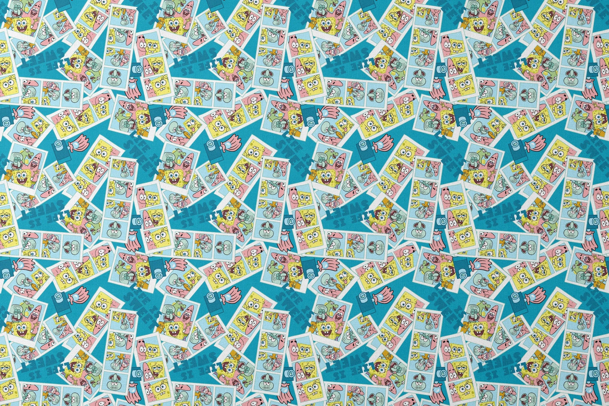 Photobooth-style SpongeBob SquarePants design featuring cartoon snapshots of SpongeBob, Patrick, and Squidward with “Life is Sweet” text on a blue background. designs flat mockup