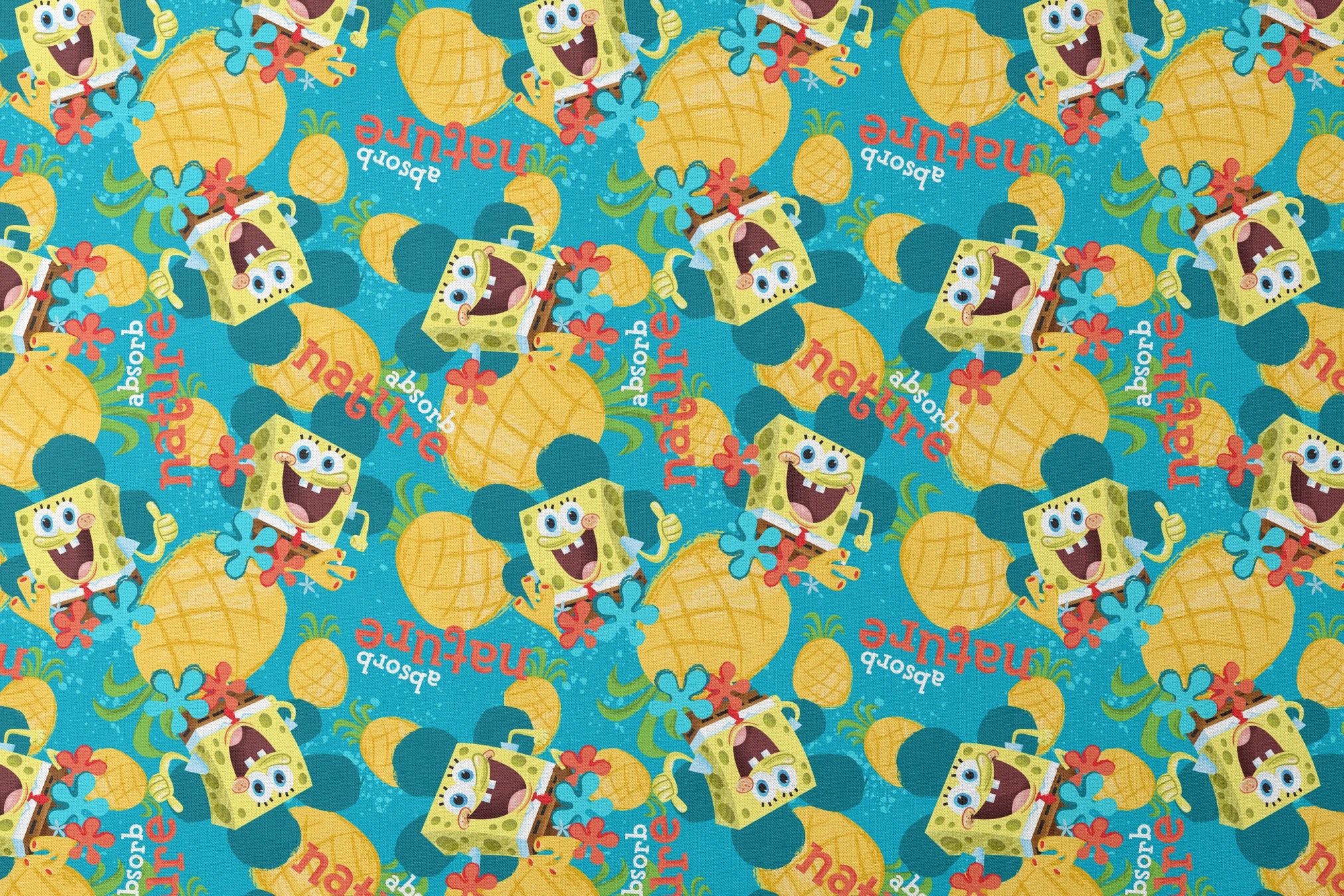 SpongeBob SquarePants pattern with pineapples and flowers on teal background designs flat mockup