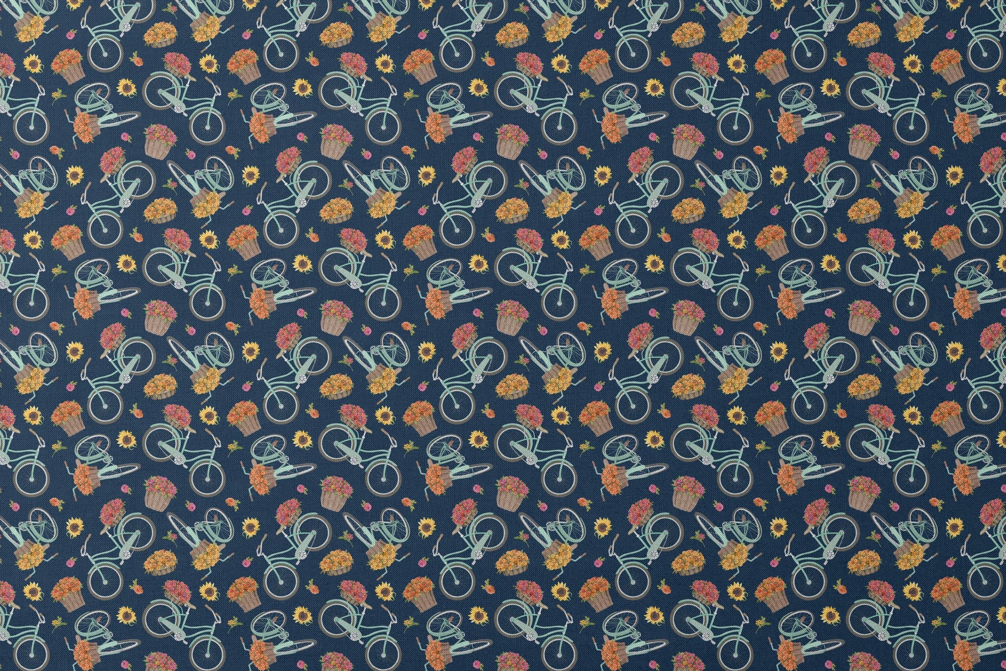 Teal vintage bikes with baskets of fall flowers on a navy background, inspired by cozy fall market scenes. designs flat mockup