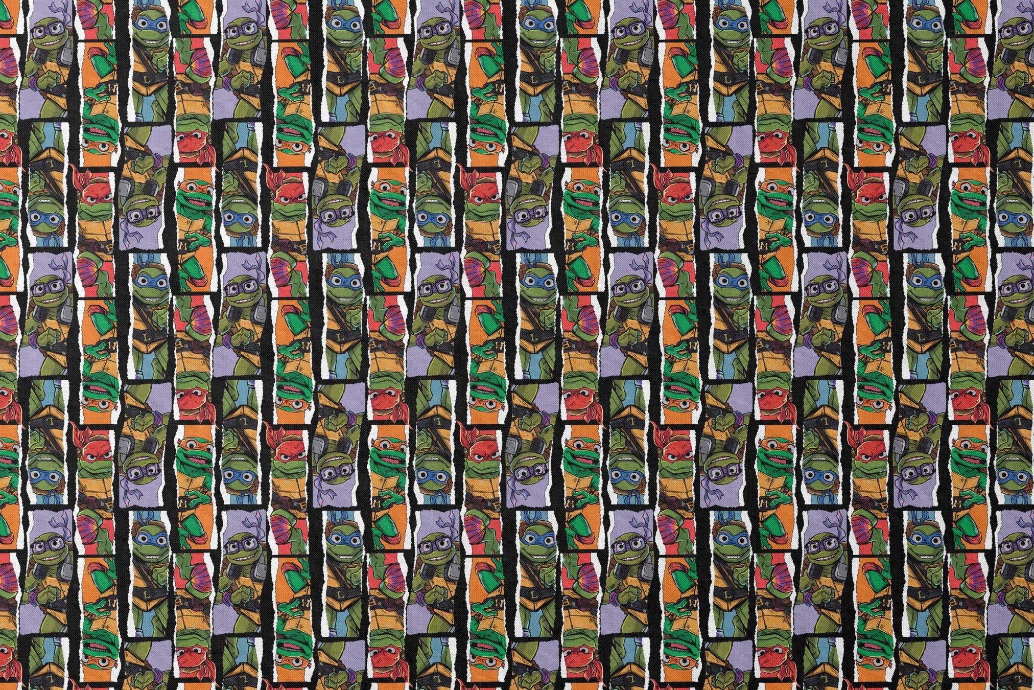 Teenage Mutant Ninja Turtles torn panel design with Leonardo, Donatello, Michelangelo, and Raphael in colorful comic-style art by Nickelodeon. designs flat mockup
