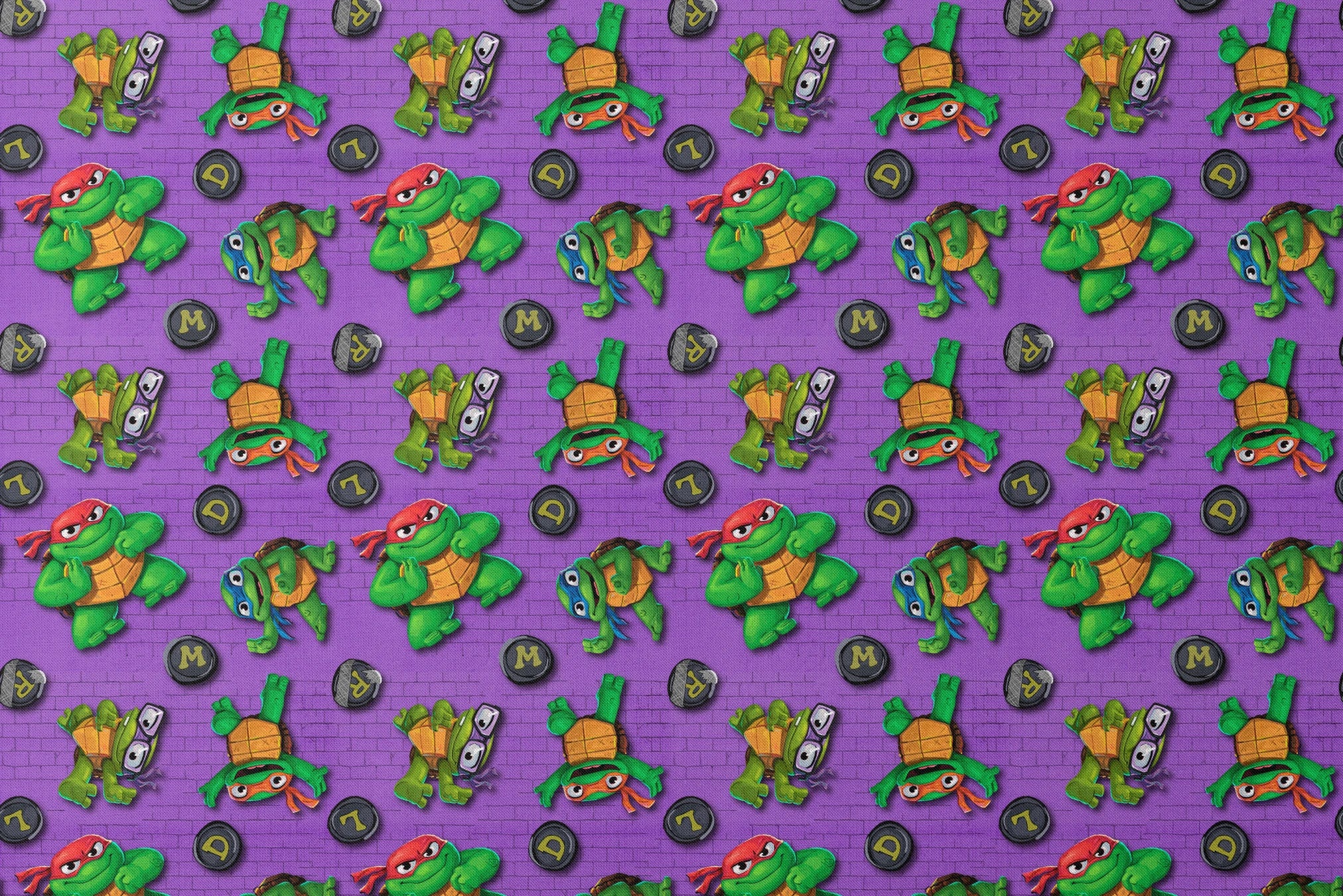Teenage Mutant Ninja Turtles characters on a purple brick background with lettered manhole covers. designs flat mockup