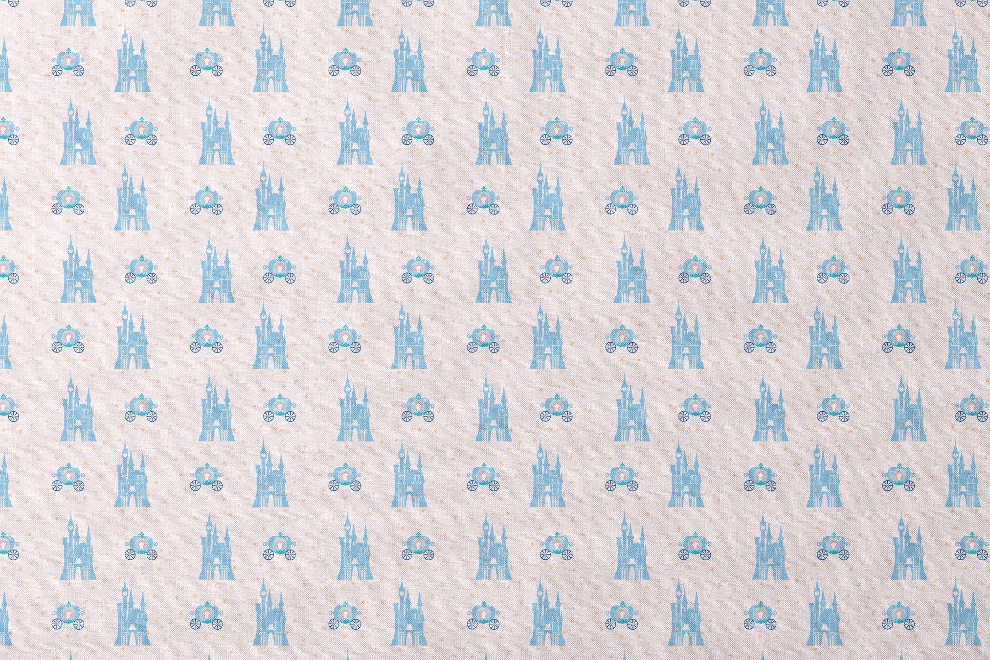 Cinderella pattern with blue castles, carriages, and gold stars on pale pink background designs flat mockup