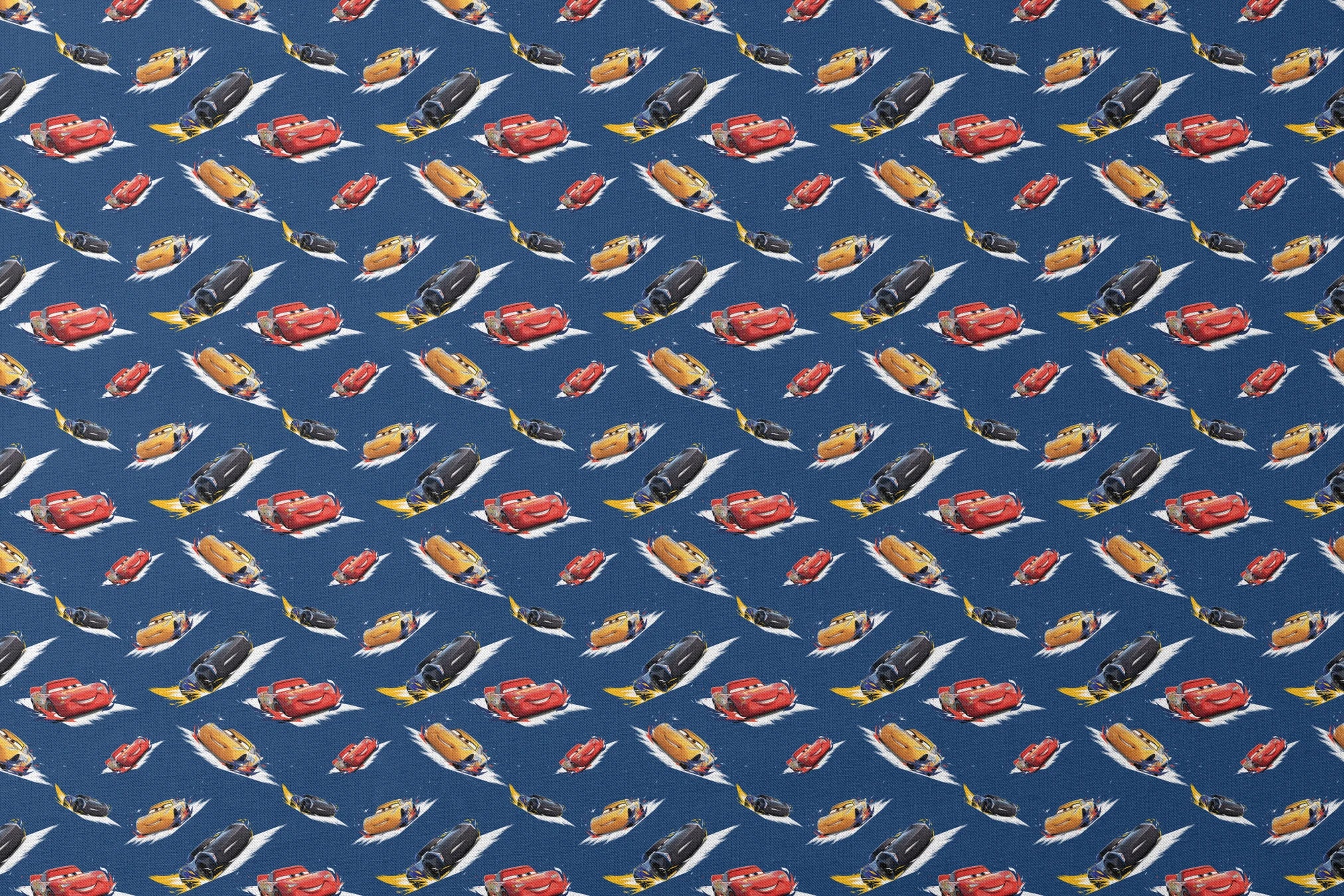 Animated race cars from Disney's Cars movie speeding across a blue background with white motion streaks designs flat mockup