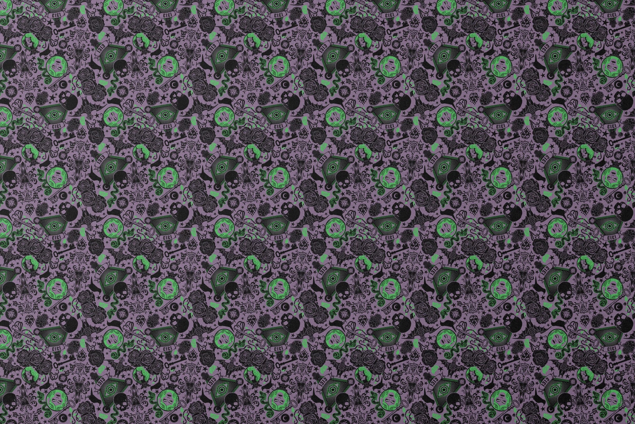 A dark purple background with gothic imagery in black and neon green featuring mystical elements including roses, celestial symbols, eyes, hands, and ornate decorative patterns. designs flat mockup