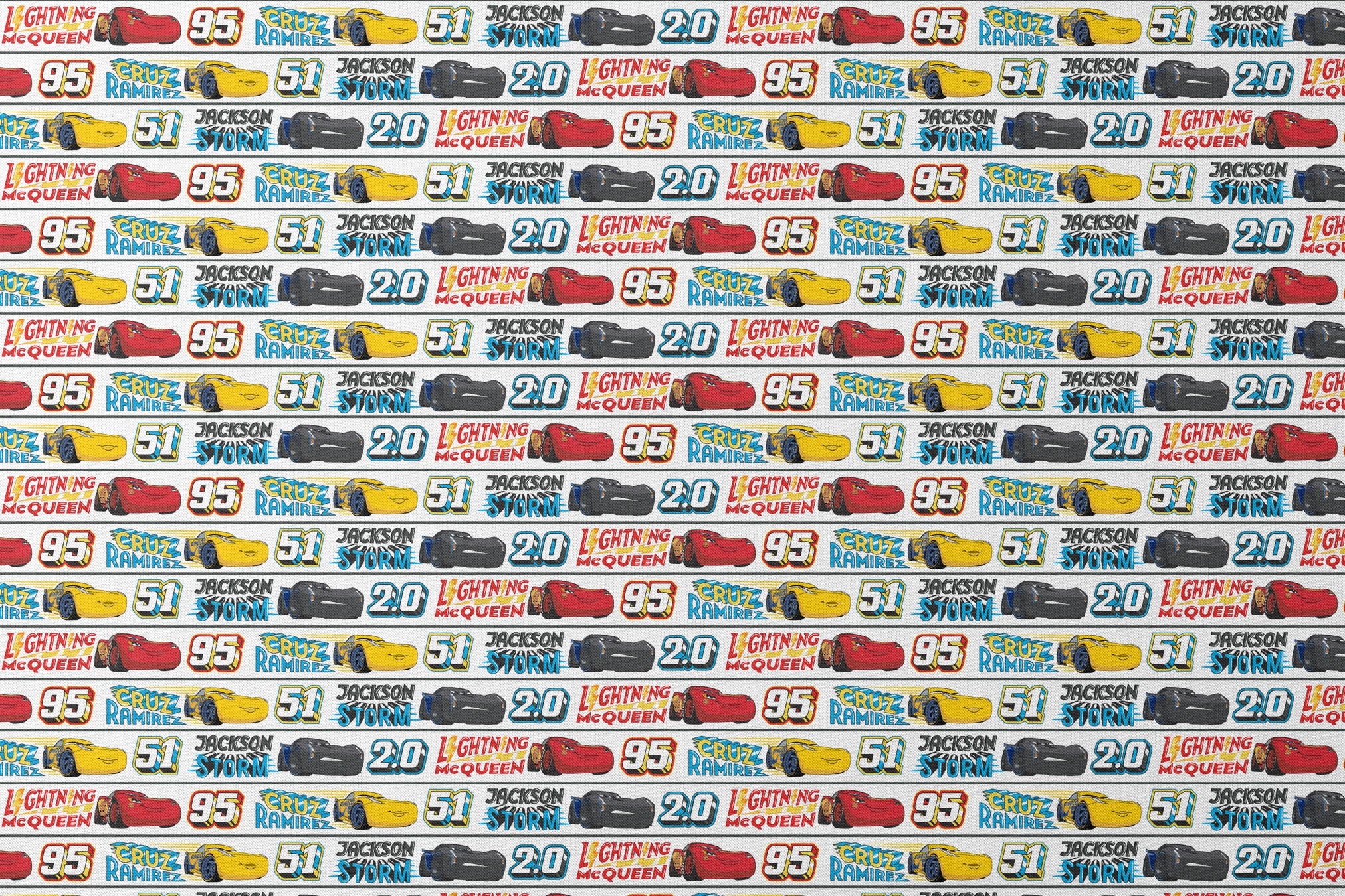 Disney Cars character ribbon with Lightning McQueen 95, Cruz Ramirez 51, and Jackson Storm 20 repeated pattern designs flat mockup
