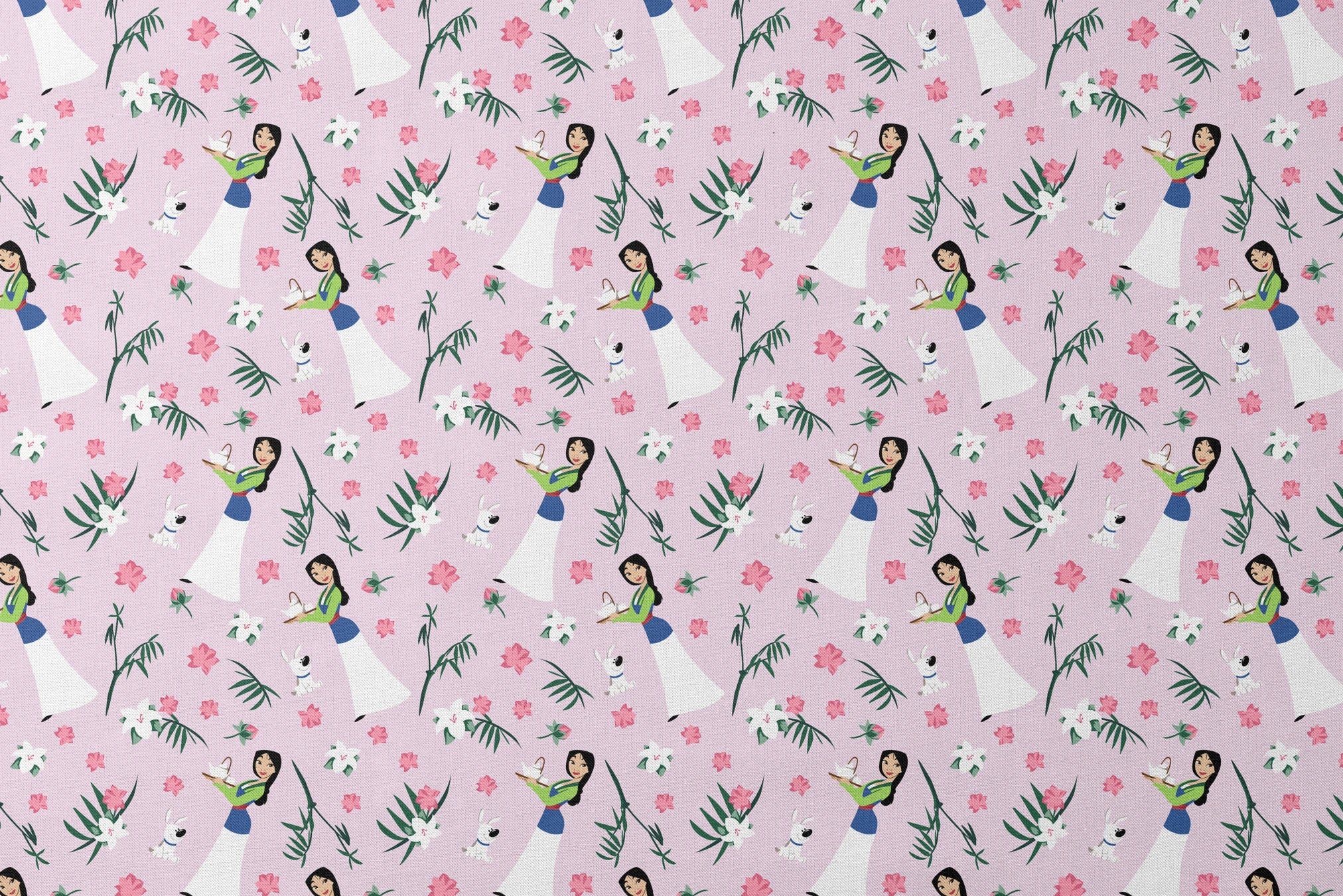 Illustrated pattern on light purple background with cartoon figures in white dresses, pink flowers, green palm leaves, and white rabbits. designs flat mockup