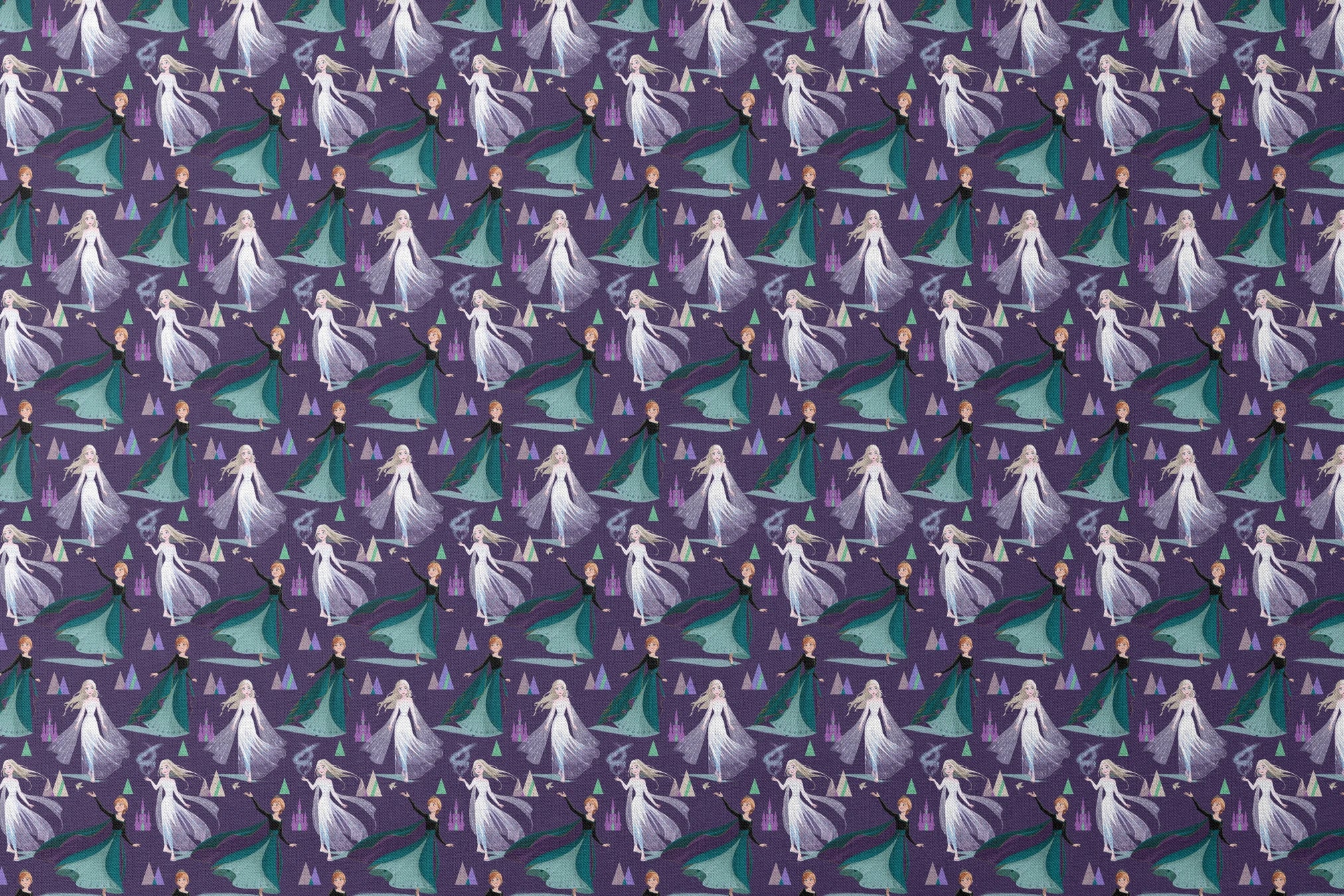 Frozen characters and ice castles on purple background, magical fantasy pattern designs flat mockup