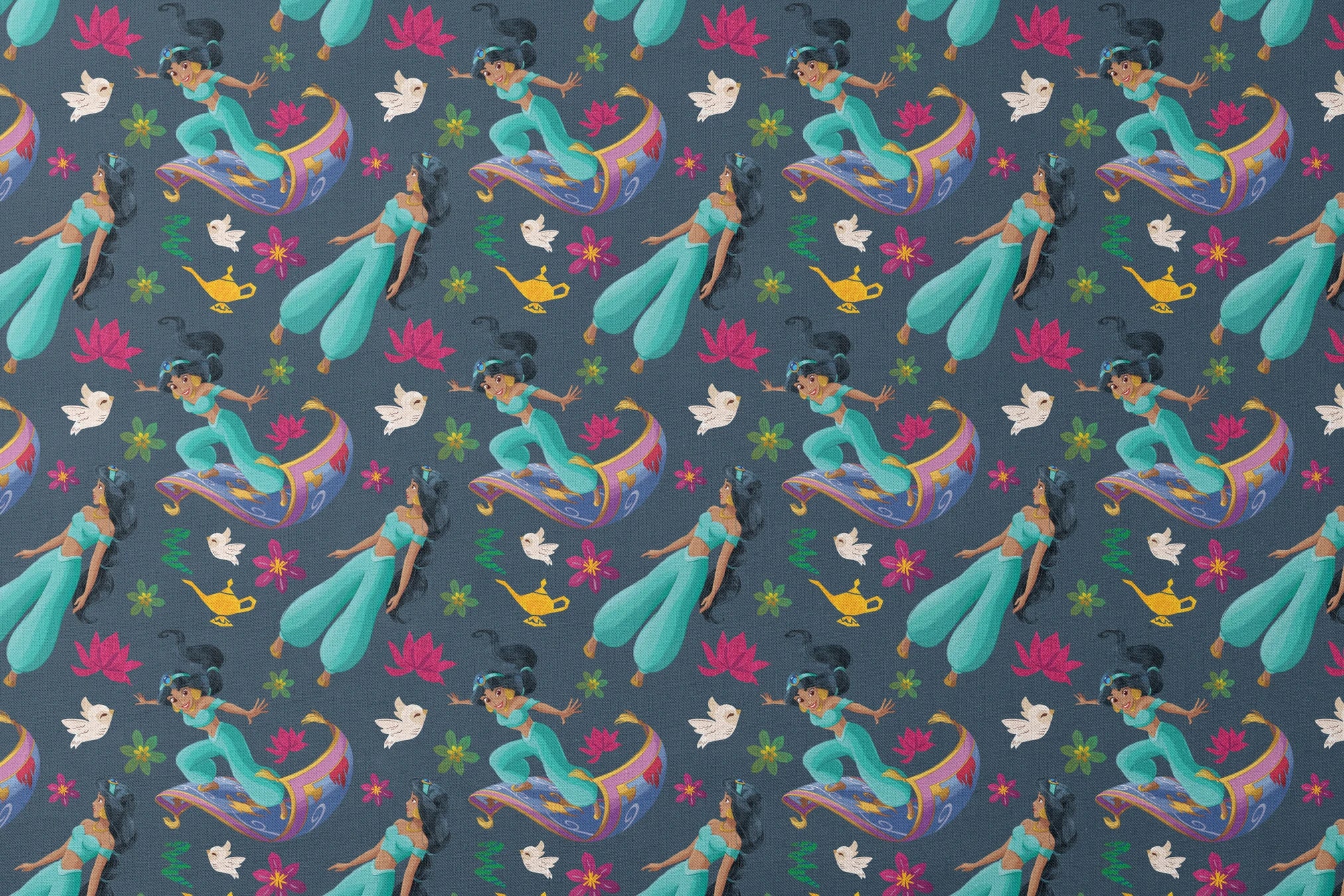 Animated characters in turquoise outfits flying on magic carpets with white doves, lotus flowers, and a golden lamp against dark background. designs flat mockup