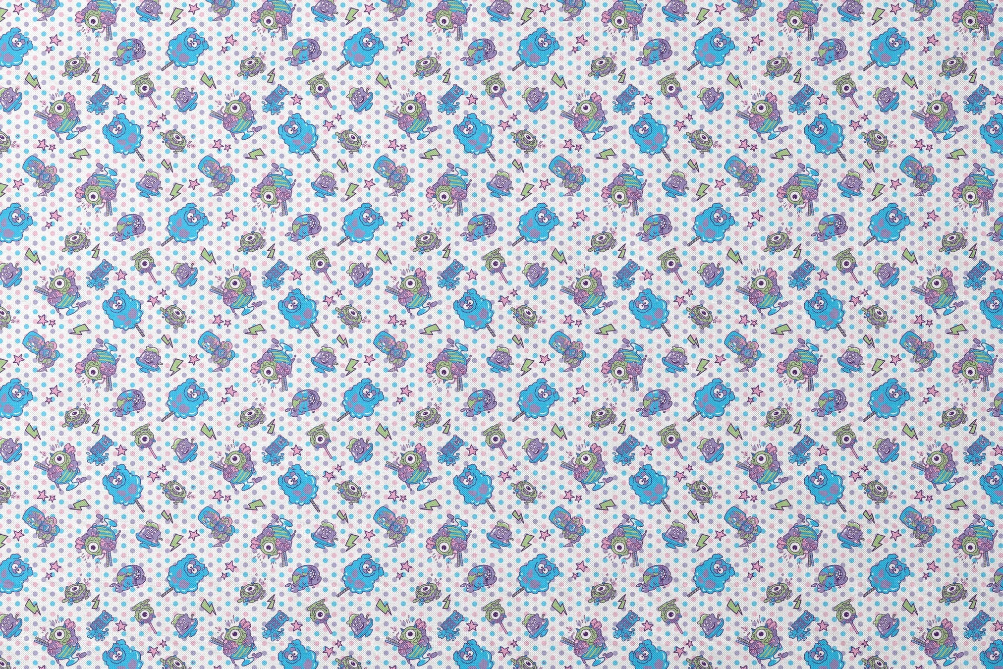 Monsters Inc inspired desserts, stars and lightning bolts on polka dot background designs flat mockup