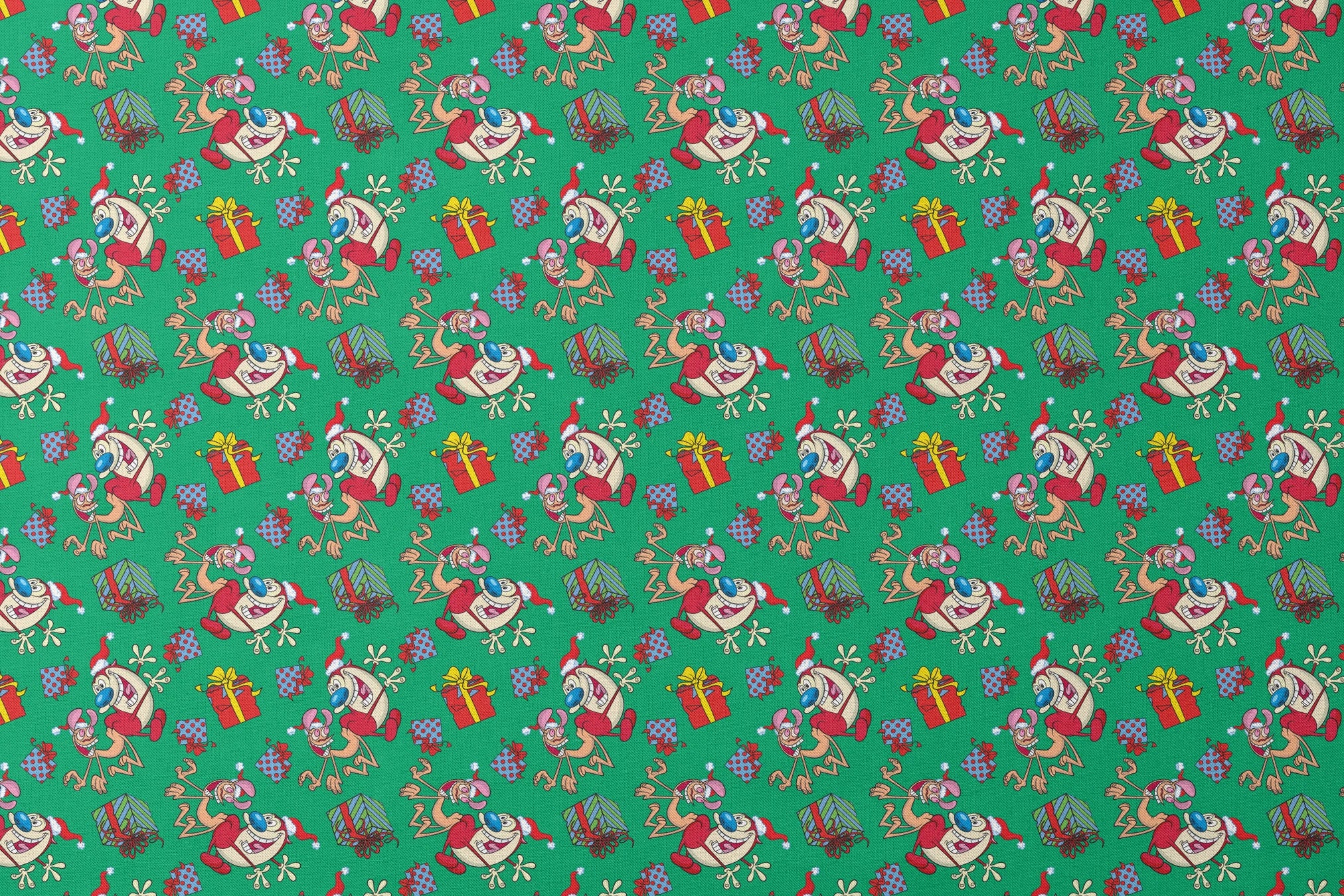 Whimsical cartoon Christmas pattern with elves, Santa figures, and colorful gifts on green background designs flat mockup