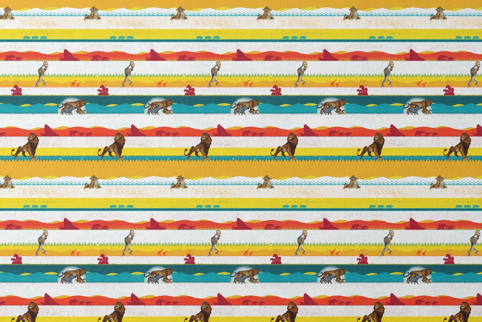 Colorful horizontal striped pattern featuring wildlife silhouettes including lion, elephant, and animals in savanna landscapes. designs flat mockup