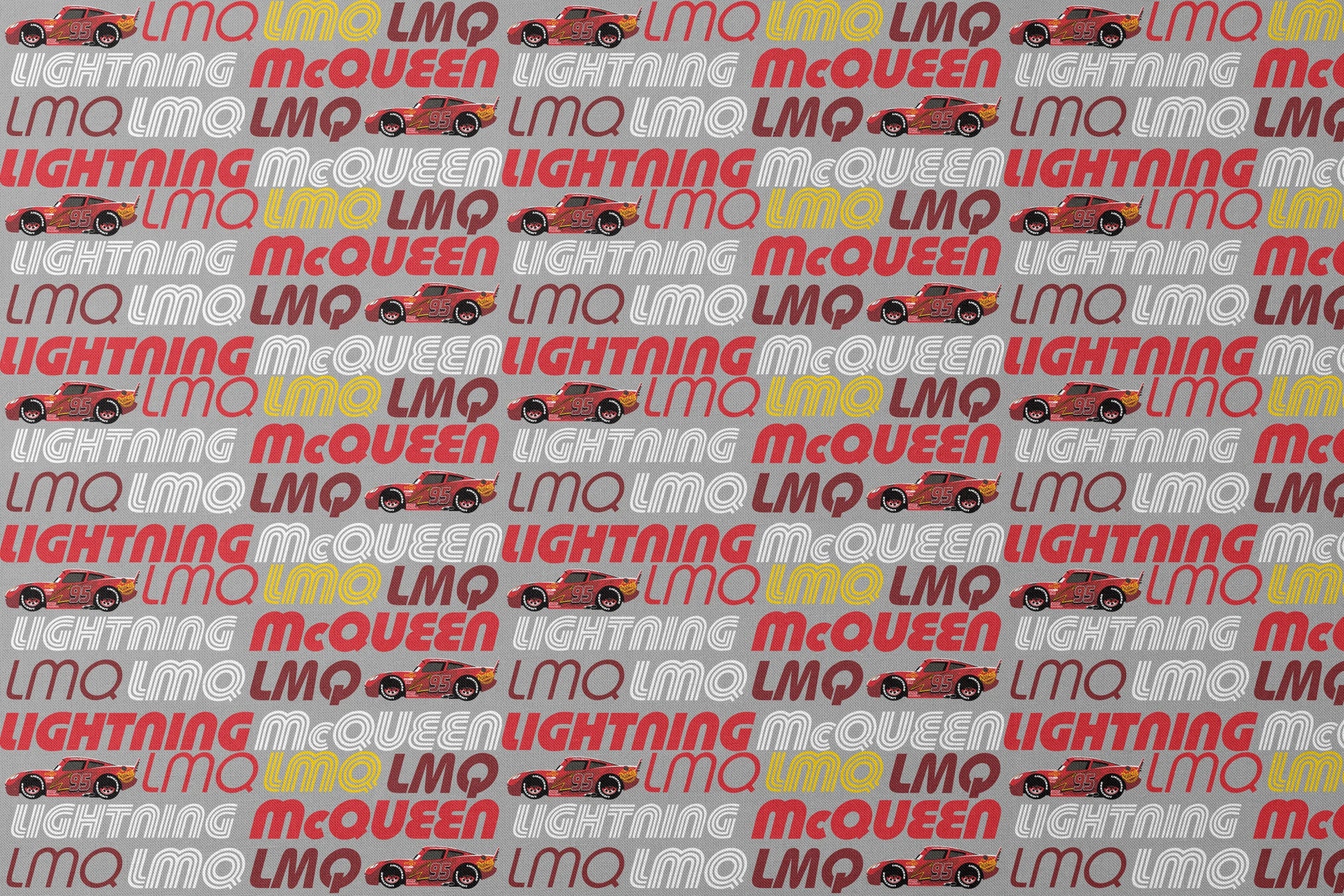 Lightning McQueen race car graphic with repeating LMQ text in red, yellow, and white on gray background designs flat mockup