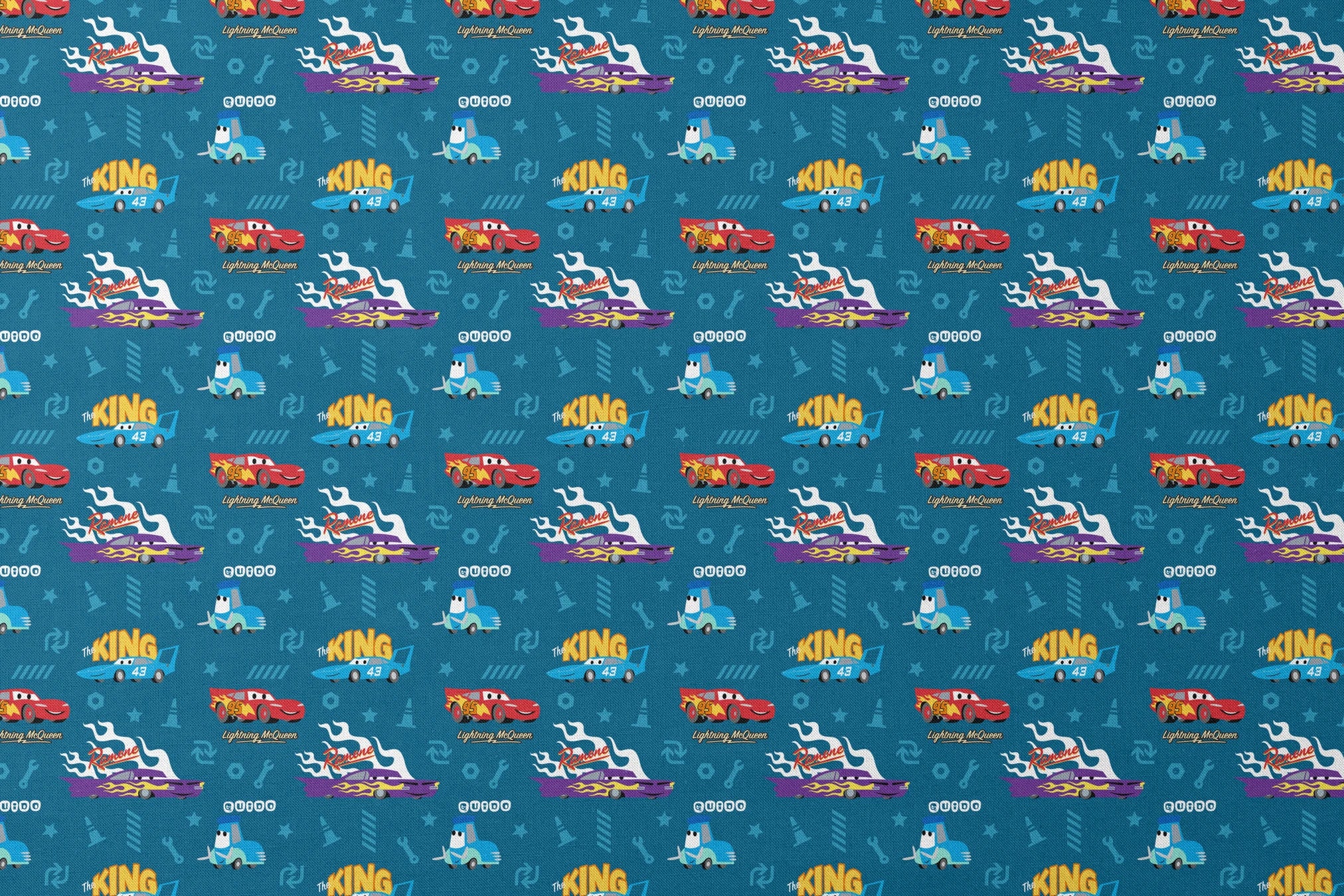 Disney Cars pattern featuring Lightning McQueen, Ramone's purple car with flames, and The King 43 on blue background with racing icons designs flat mockup