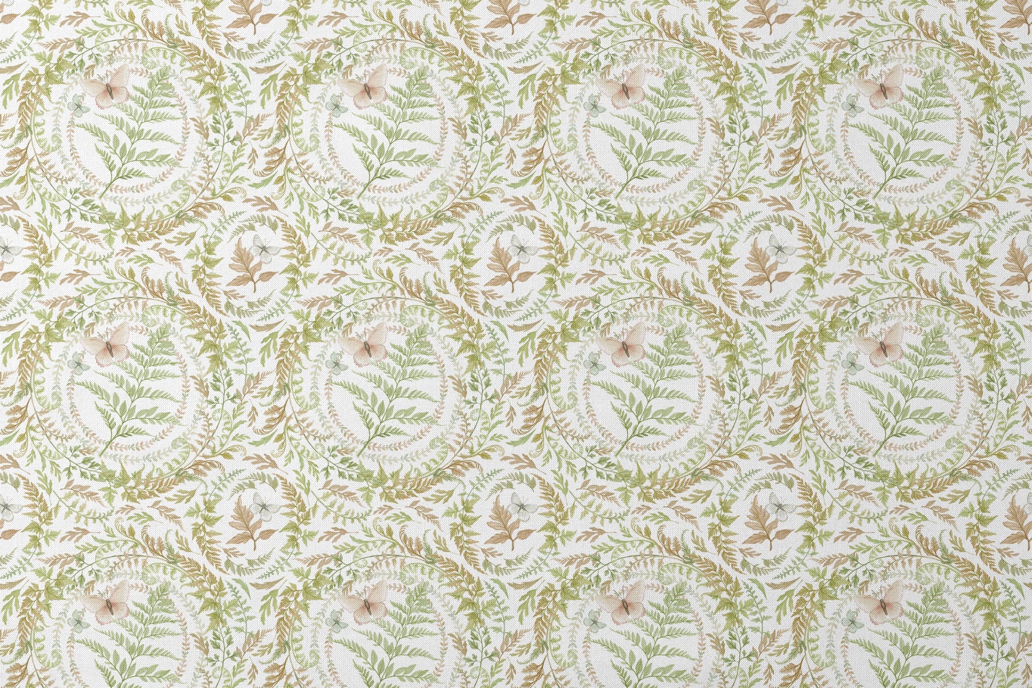 Circular botanical design featuring green ferns and blush butterflies on a white background in a Nicole Tamarin pattern. designs flat mockup