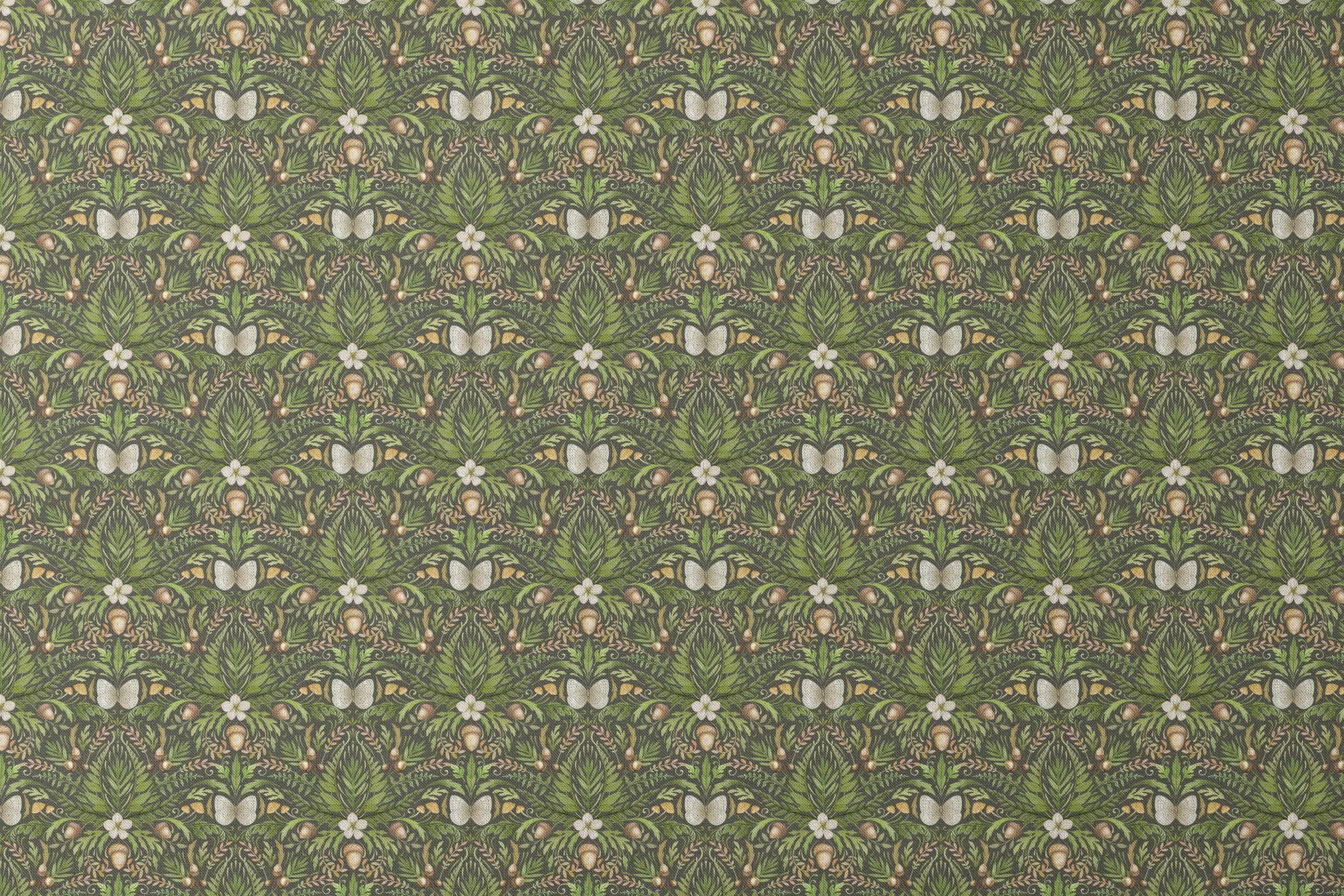 Symmetrical botanical pattern with green foliage, white flowers, and brown accents on dark background designs flat mockup